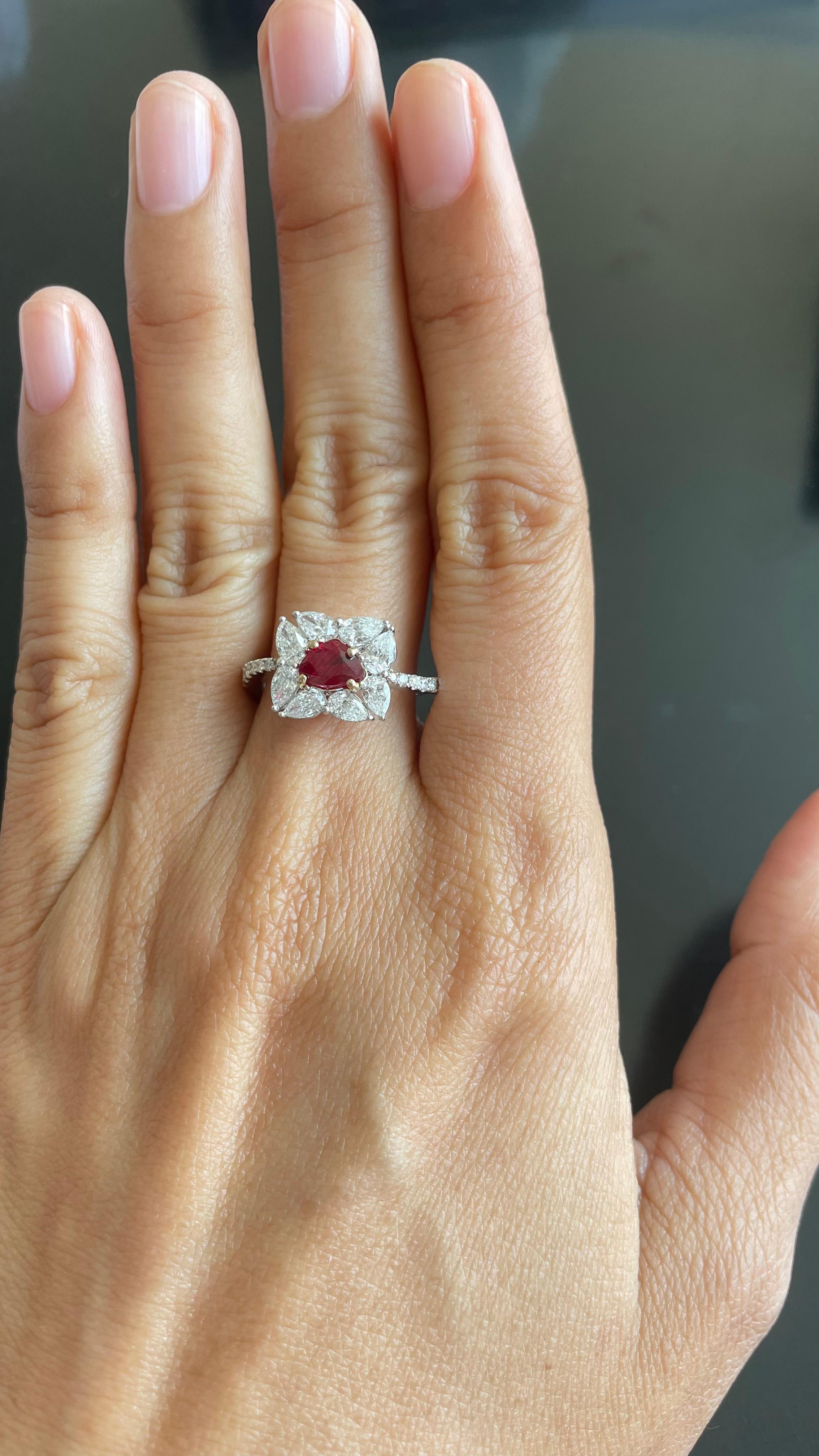 GRS 1 Carat Pigeon Blood Burma No Heat Ruby and Diamond Ring in 18 Karat Gold For Sale 1