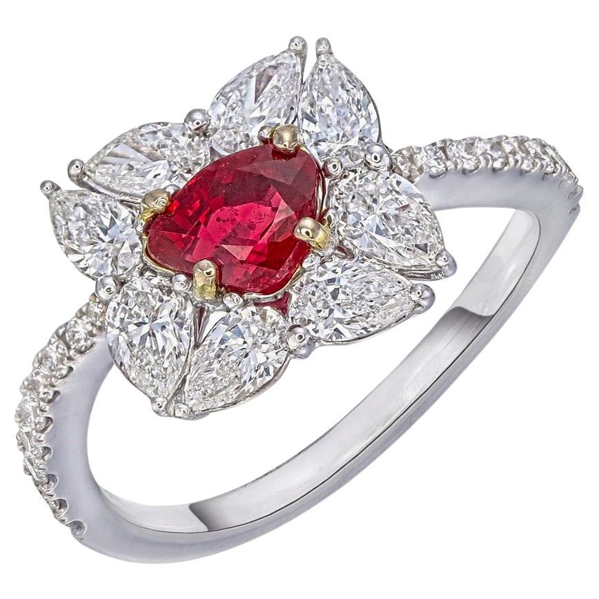 GRS 1 Carat Pigeon Blood Burma No Heat Ruby and Diamond Ring in 18 Karat Gold For Sale