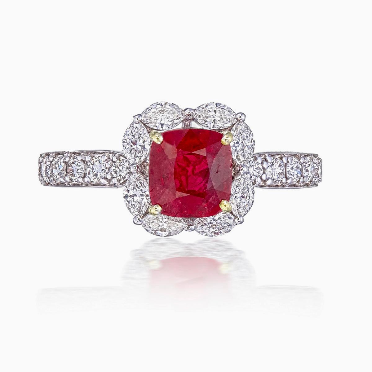Oval Cut GRS 1.43 Carat Pigeon Blood Burma No Heat Ruby and Diamond Ring in 18 Karat Gold For Sale