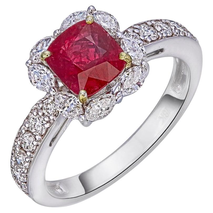 GRS 1.43 Carat Pigeon Blood Burma No Heat Ruby and Diamond Ring in 18 Karat Gold For Sale