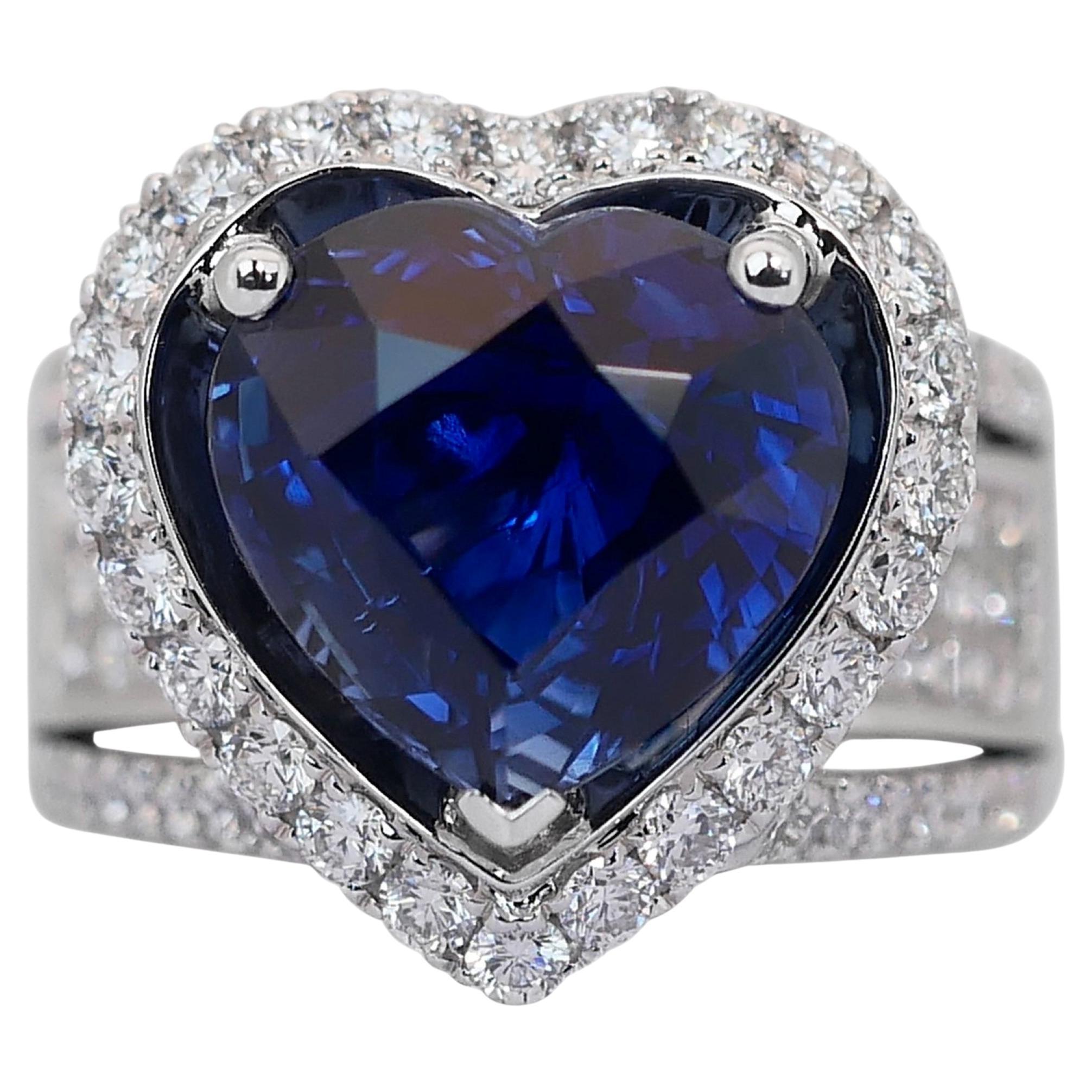 GRS 18K 8.02 Ct Natural Sri Lanka Royal Blue Sapphire&Diamonds Engagement Ring