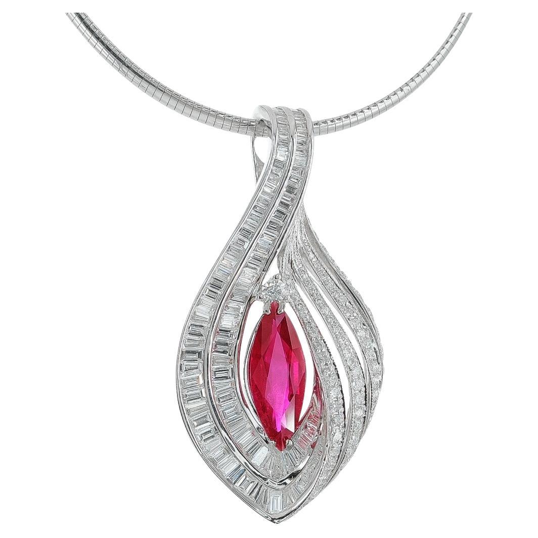 GRS 2.34 cts Natural Burma Ruby 
2.30 cts Diamonds 18K White Gold Pendant For Sale