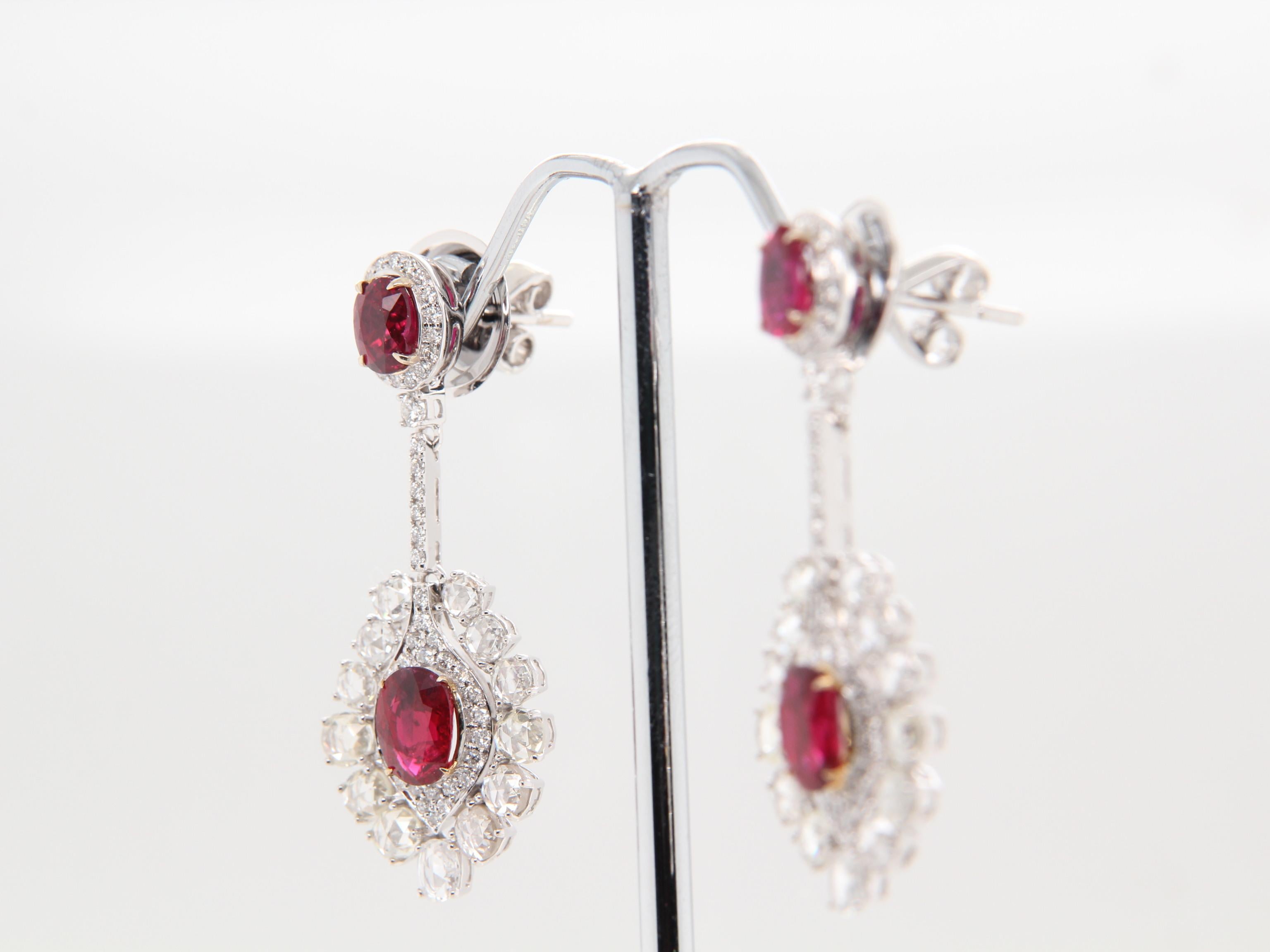 GRS 3 Carat Burmese No Heat 'Pigeon Blood' Ruby and Diamond Earring in 18K Gold In New Condition In Bangkok, TH