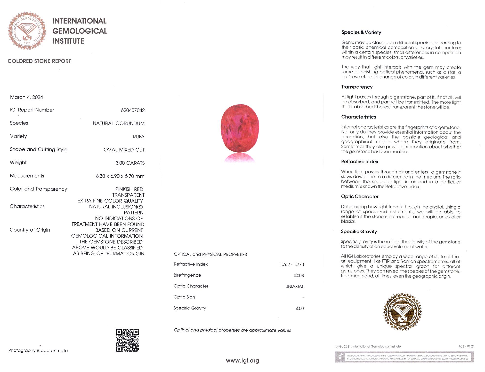 Bague IGI 3 carats à rubis de Birmanie sans échauffement Neuf - En vente à Rome, IT