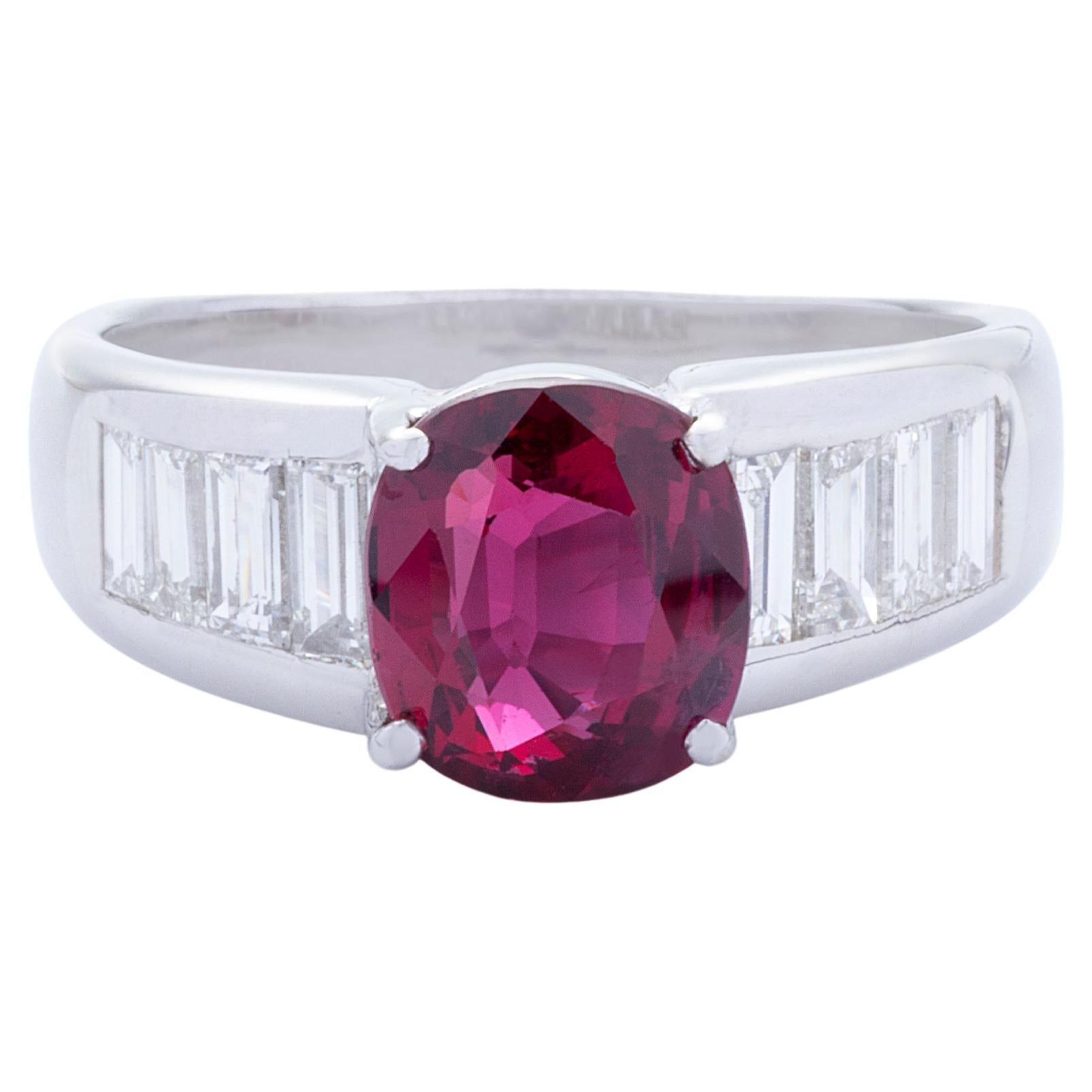 GRS 3.21 Carat Siam Ruby & 0.55ct Baguette Diamond 18k White Gold Cocktail Ring