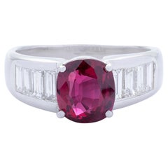 GRS 3.21 Carat Siam Ruby & 0.55ct Baguette Diamond 18k White Gold Cocktail Ring