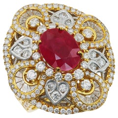 GRS 3.35 cts Natural Burma Ruby & 2.45 cts Diamonds 18K 2-Tone Gold Ring