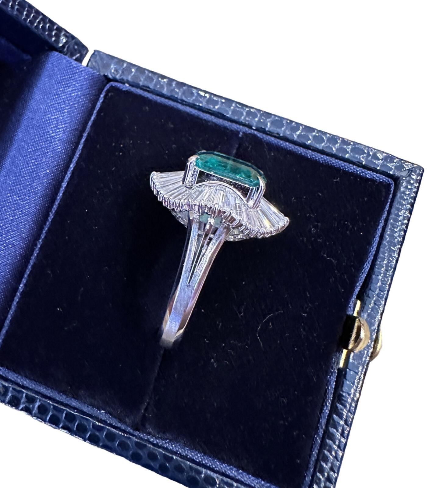 Women's GRS 3.39 Carat Colombian Emerald Ballerina Diamond Cocktail Ring in Platinum For Sale