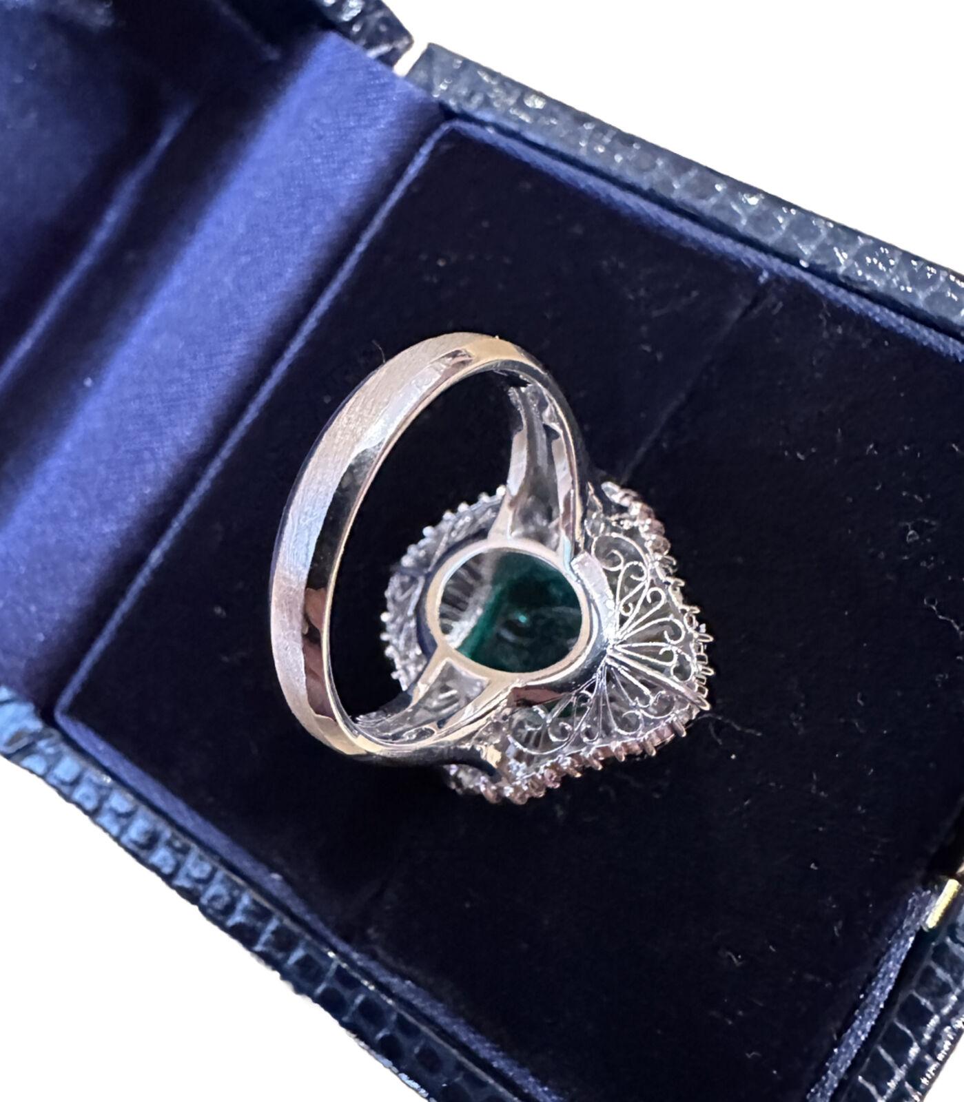 GRS 3.39 Carat Colombian Emerald Ballerina Diamond Cocktail Ring in Platinum For Sale 2