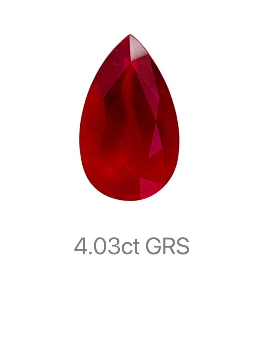 Pear Cut GRS 4.03ct Unheated Pigeon blood ruby very clean clarity Mozambique 
