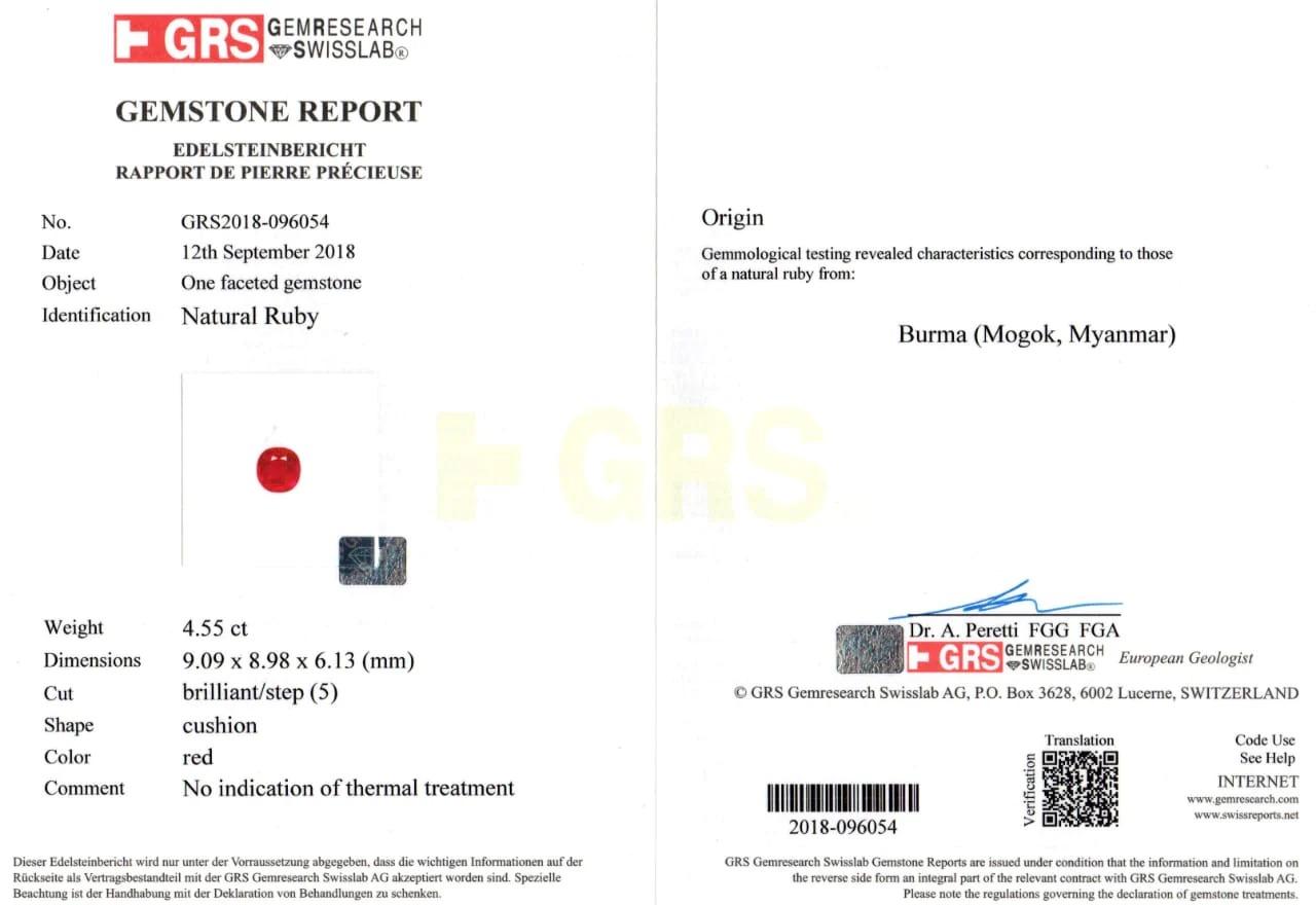Taglio cuscino Anello con diamante rubino GRS 4,50 carati a cuscino BURMA Myanmar NO HEAT