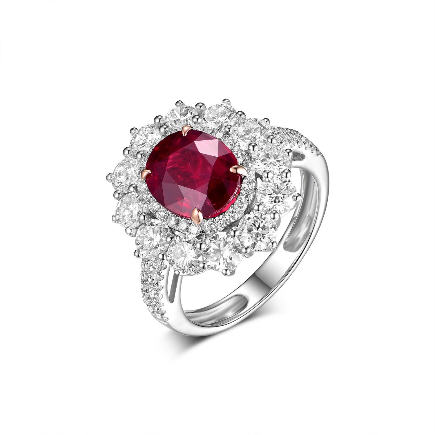 Introducing our stunning Mozambique Ruby and Diamond Ring, a masterpiece of contemporary design and exquisite craftsmanship. At the heart of this ring lies a captivating 2.53 carat Mozambique ruby, radiating a vivid red hue that commands attention.