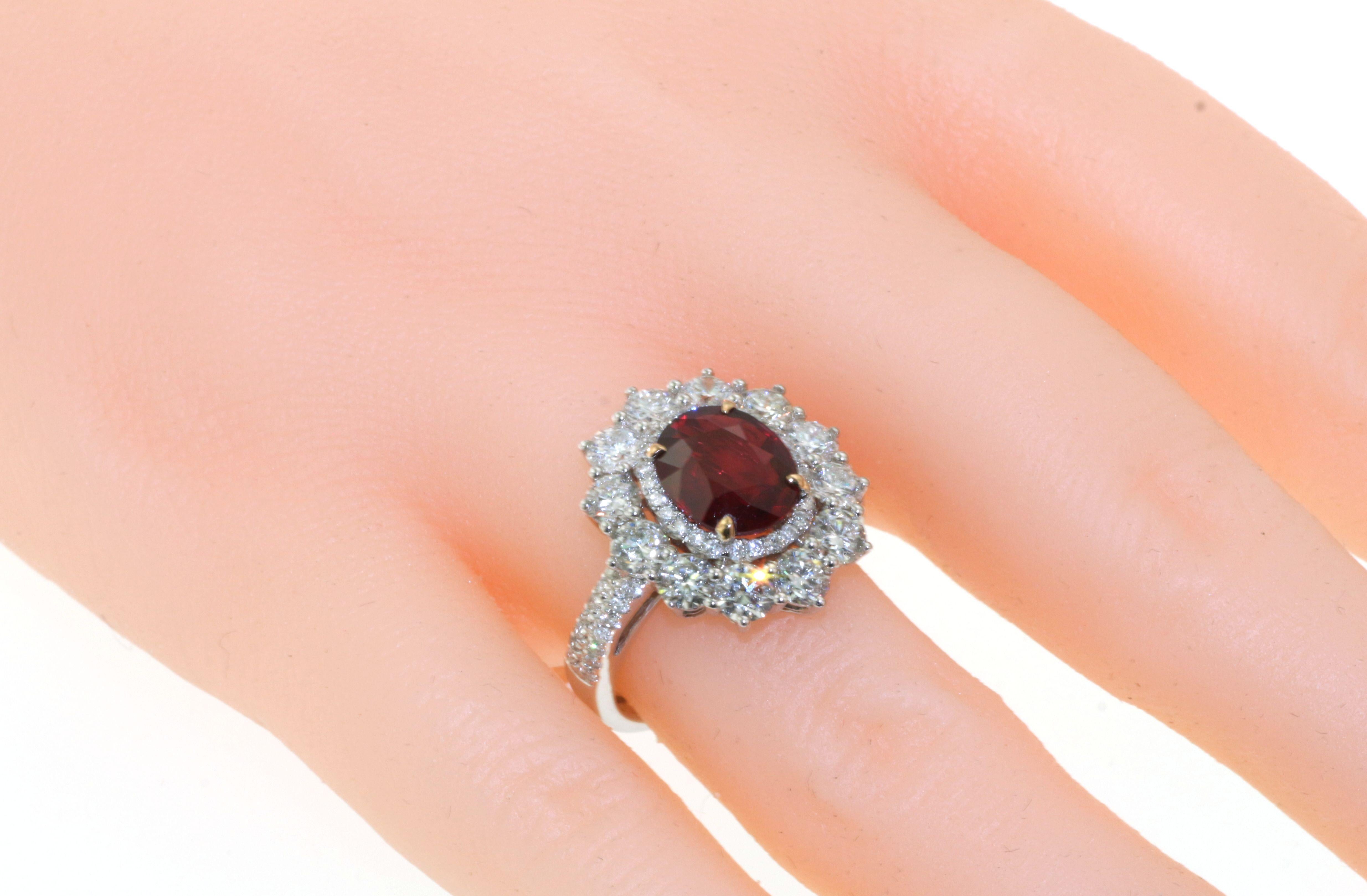 Modern GRS Certified 2.53 Carat Mozambique Ruby Diamond Ring in 18K Gold Vivid Red For Sale