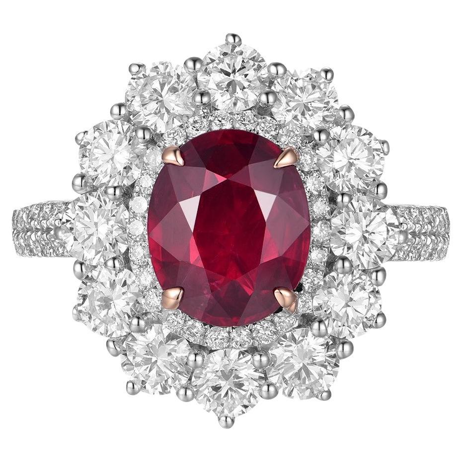GRS Certified 2.53 Carat Mozambique Ruby Diamond Ring in 18K Gold Vivid Red For Sale