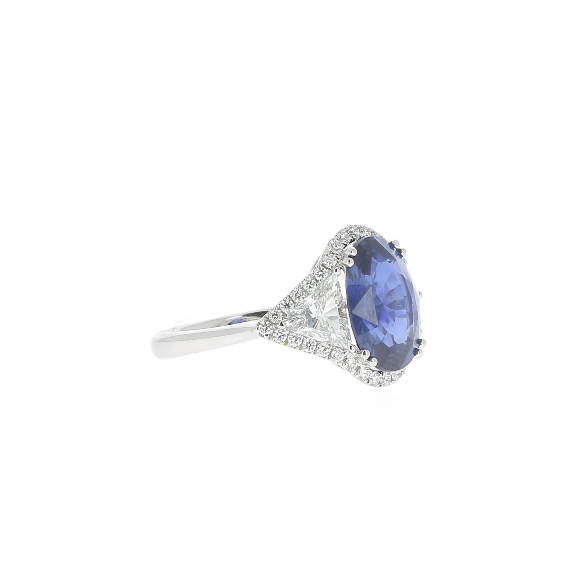 Oval Cut  5.07 Carat No Heated Blue Sapphire Cocktail Ring Set Trillion Cut White Diamond