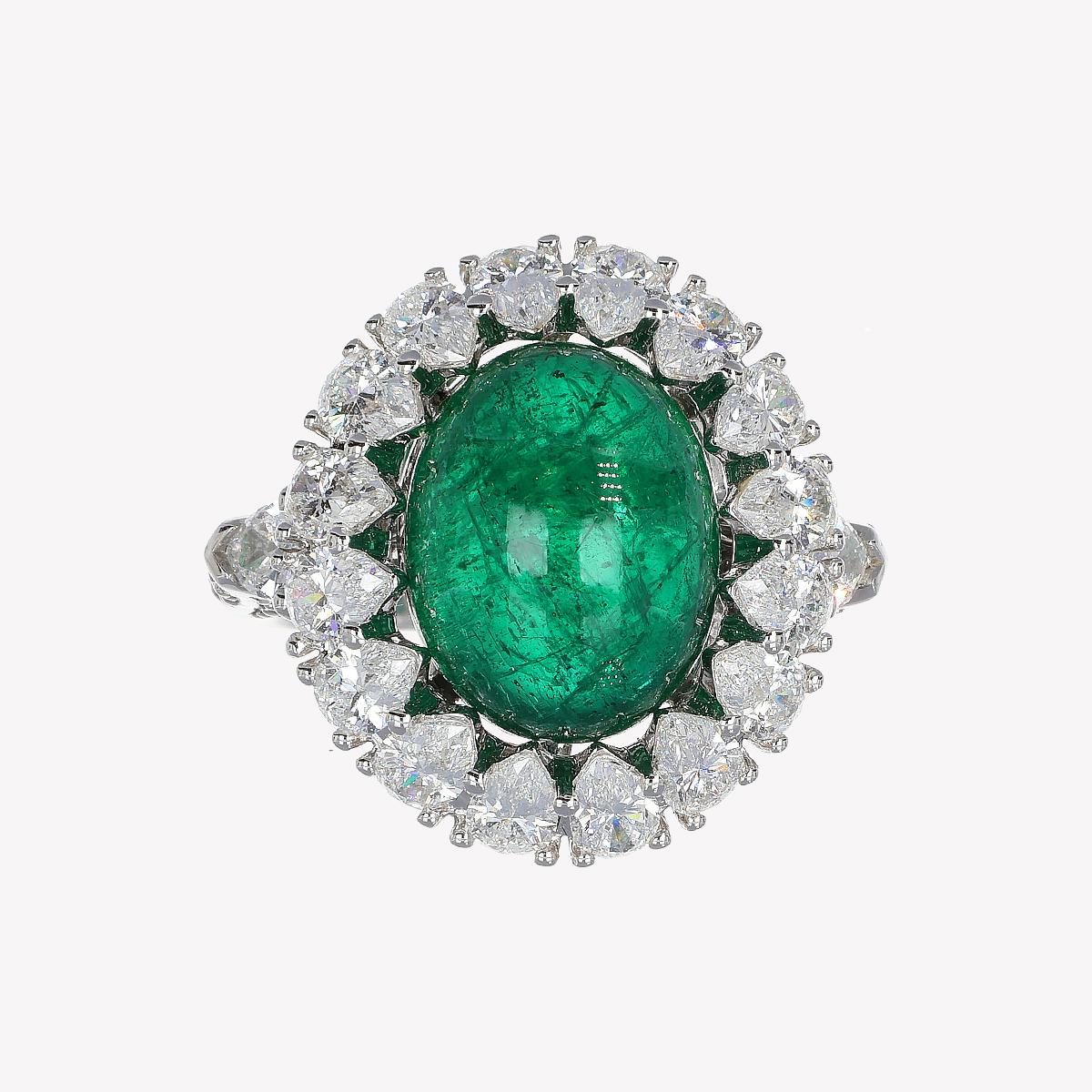 GRS 7.49 Ct Cabochon Emerald 1.80 Ct Pear Cut White Diamonds 18Kt Ring In New Condition For Sale In Bergamo, BG