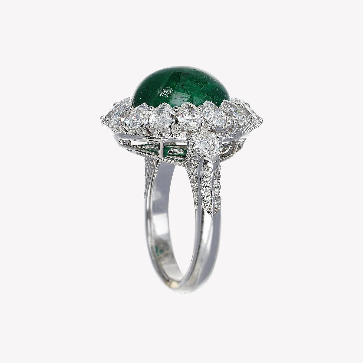 GRS 7.49 Ct Cabochon Emerald 1.80 Ct Pear Cut White Diamonds 18Kt Ring For Sale 1