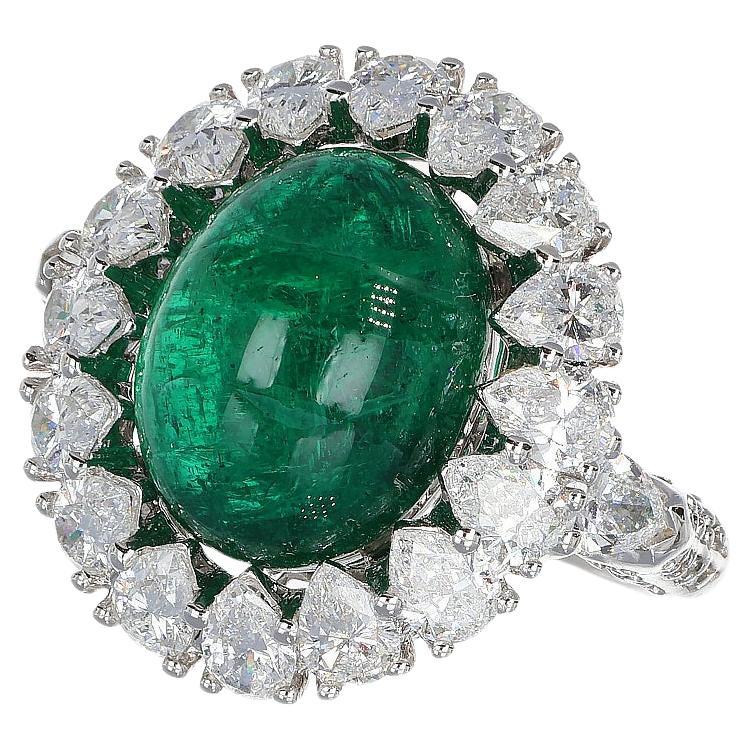 GRS 7.49 Ct Cabochon Emerald 1.80 Ct Pear Cut White Diamonds 18Kt Ring For Sale
