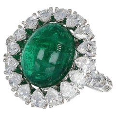 Antique GRS 7.49 Ct Cabochon Emerald 1.80 Ct Pear Cut White Diamonds 18Kt Ring