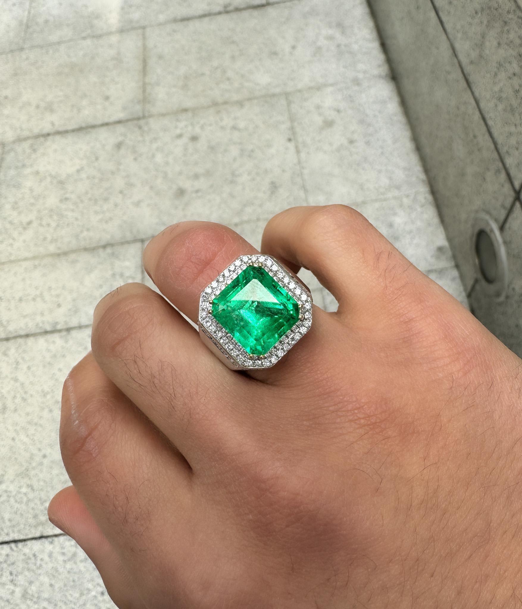 GRS 9.54 Carat Colombian Emerald Insignificant Oil and Diamond Halo Mens Ring For Sale 4