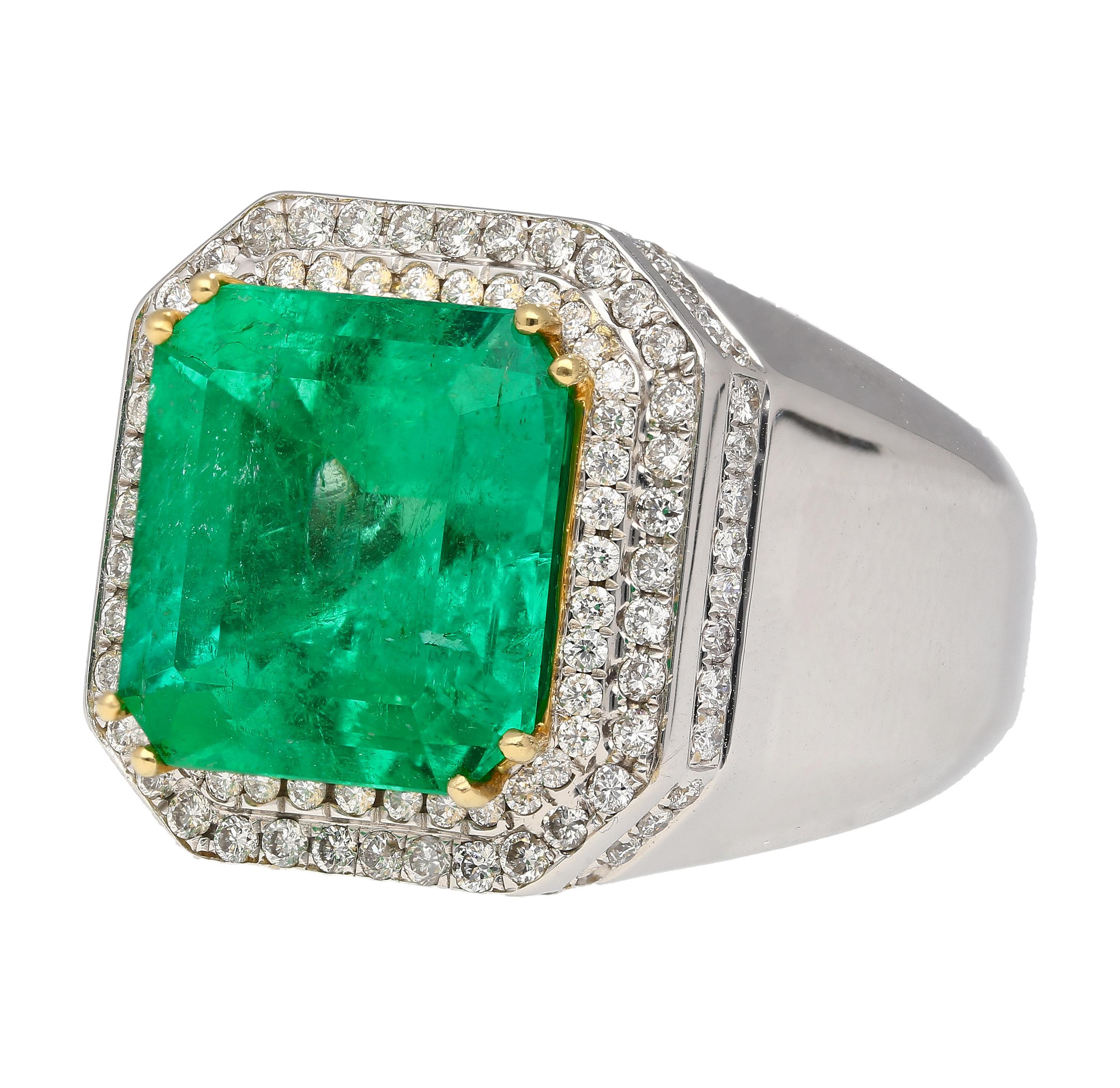 GRS certified 9.54 carat insignificant oil Colombian emerald and diamond mens ring. Featuring a round cut diamond halo and smooth polished 18k gold finish. A noticeably valuable ring with an unmistakably natural emerald. A large face with