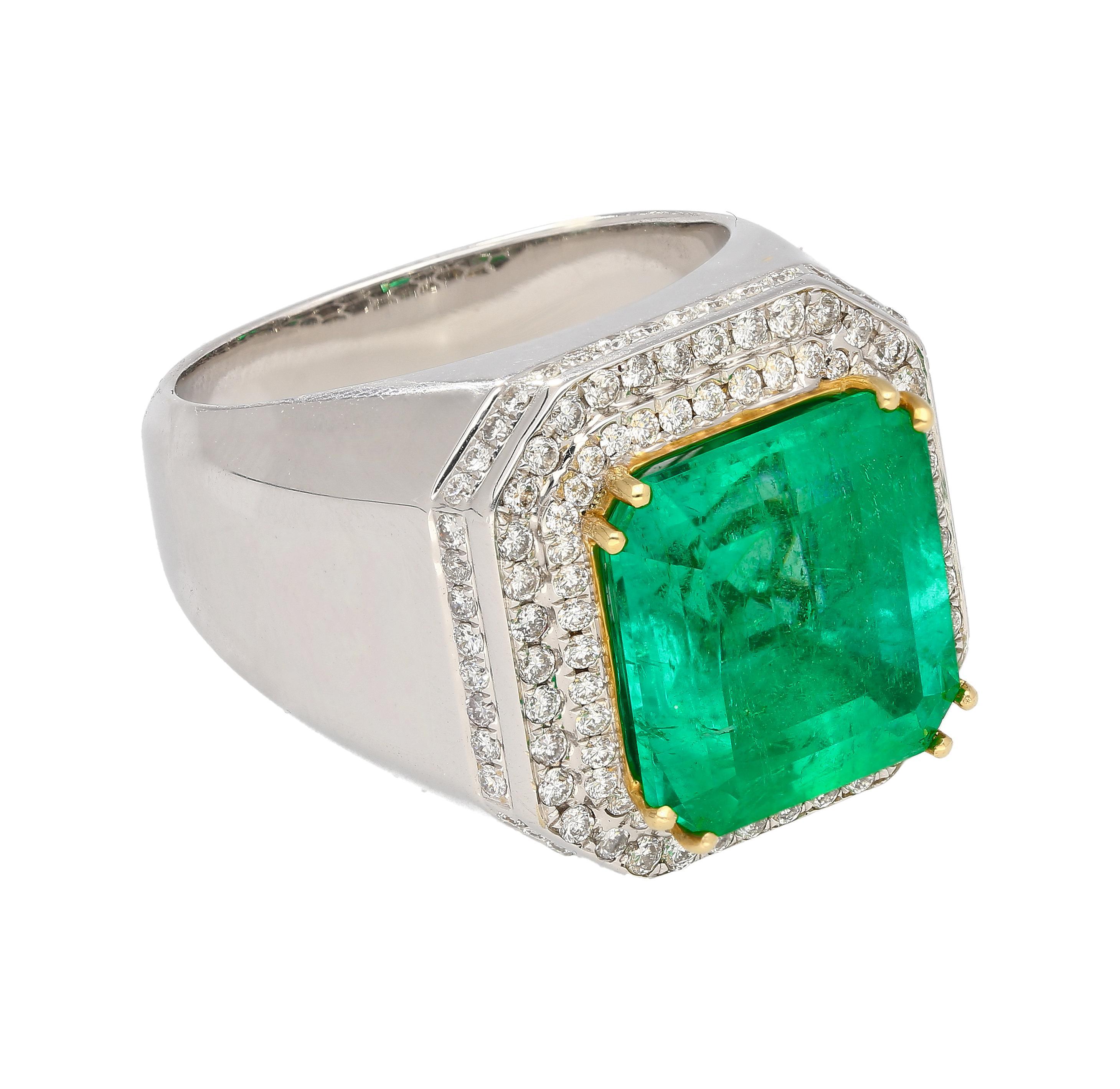 Contemporary GRS 9.54 Carat Colombian Emerald Insignificant Oil and Diamond Halo Mens Ring For Sale