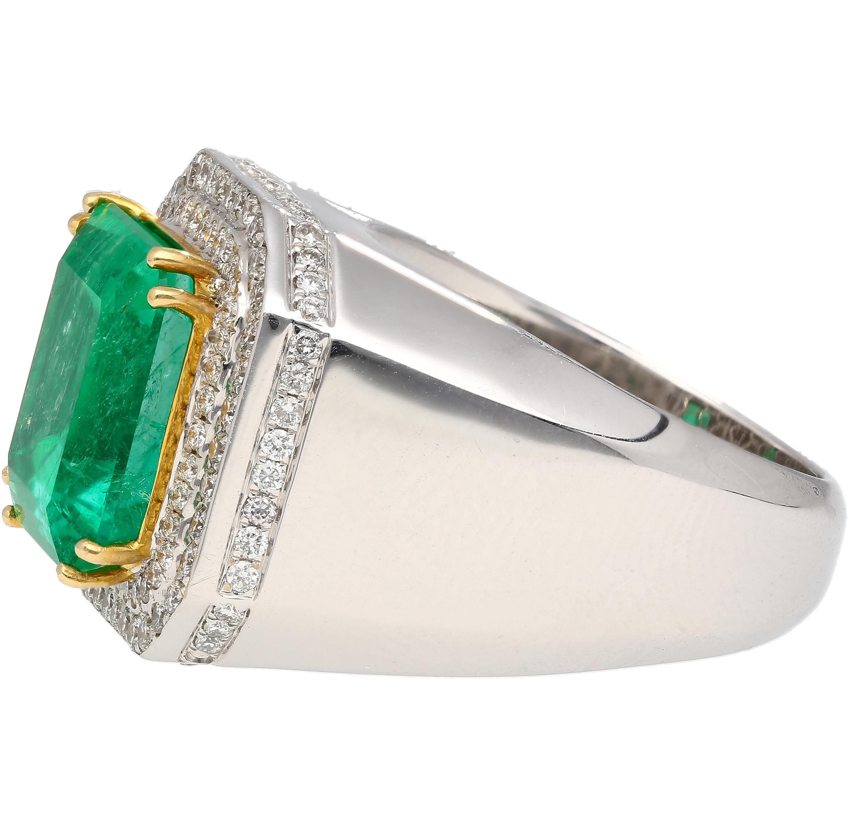 Men's GRS 9.54 Carat Colombian Emerald Insignificant Oil and Diamond Halo Mens Ring For Sale