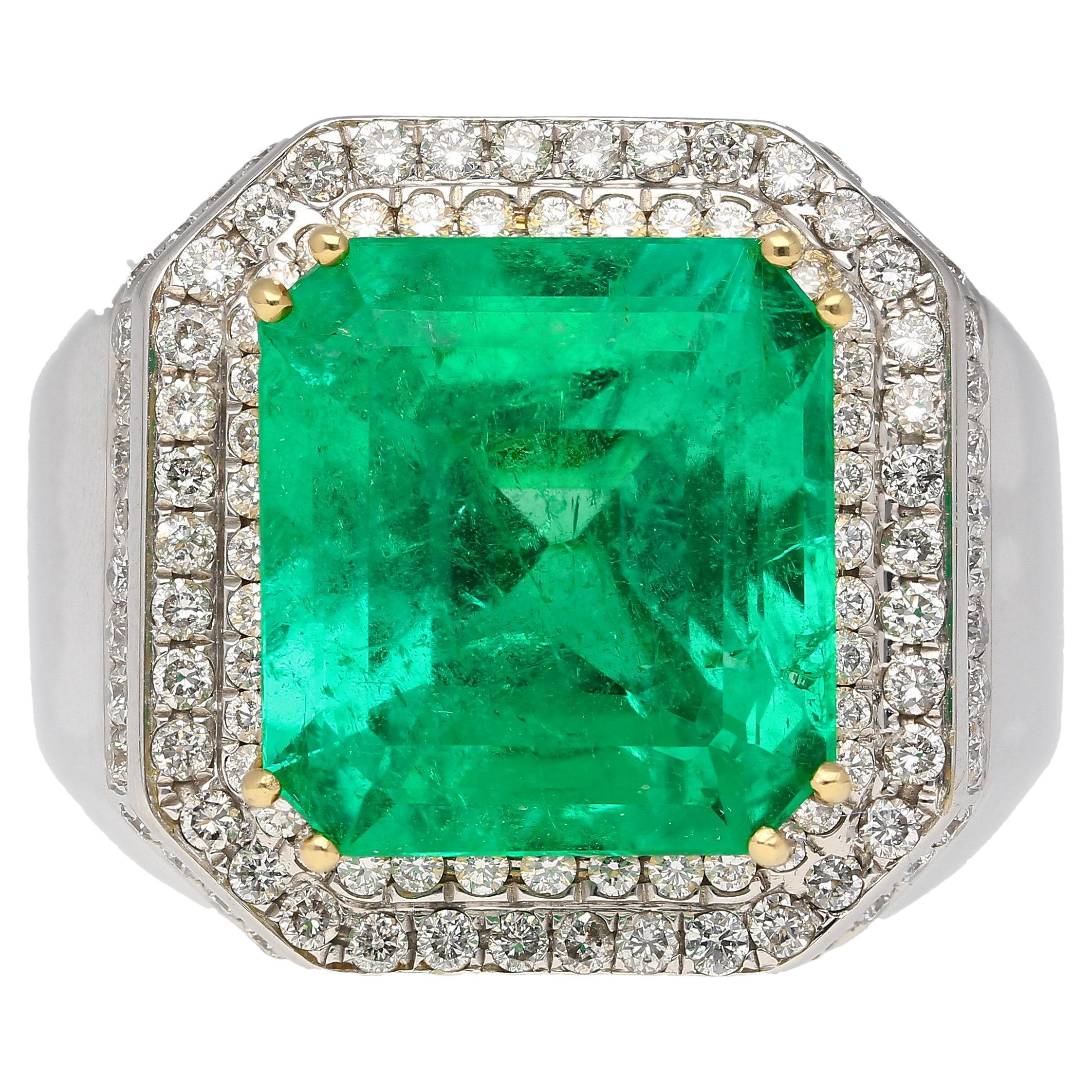 GRS 9.54 Carat Colombian Emerald Insignificant Oil and Diamond Halo Mens Ring For Sale