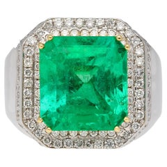 GRS 9.54 Carat Colombian Emerald Insignificant Oil and Diamond Halo Mens Ring