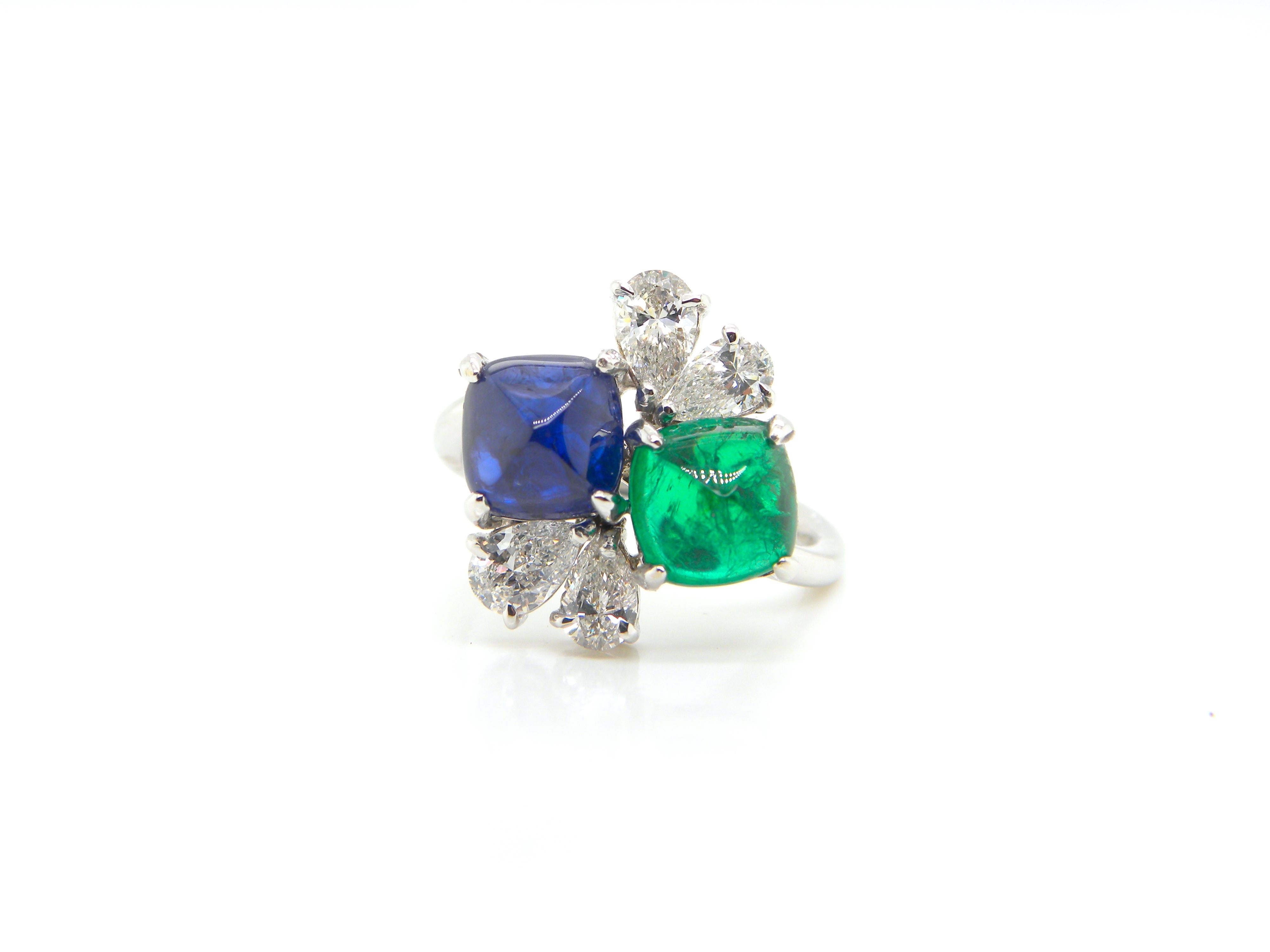 GRS and GIA Certified Sapphire and Emerald Sugarloaf White Diamond Gold Ring:

A lively piece of jewellery, it features a beautiful Burmese unheated sapphire sugarloaf weighing 2.34 carat and a Zambian emerald sugarloaf weighing 1.42 carat