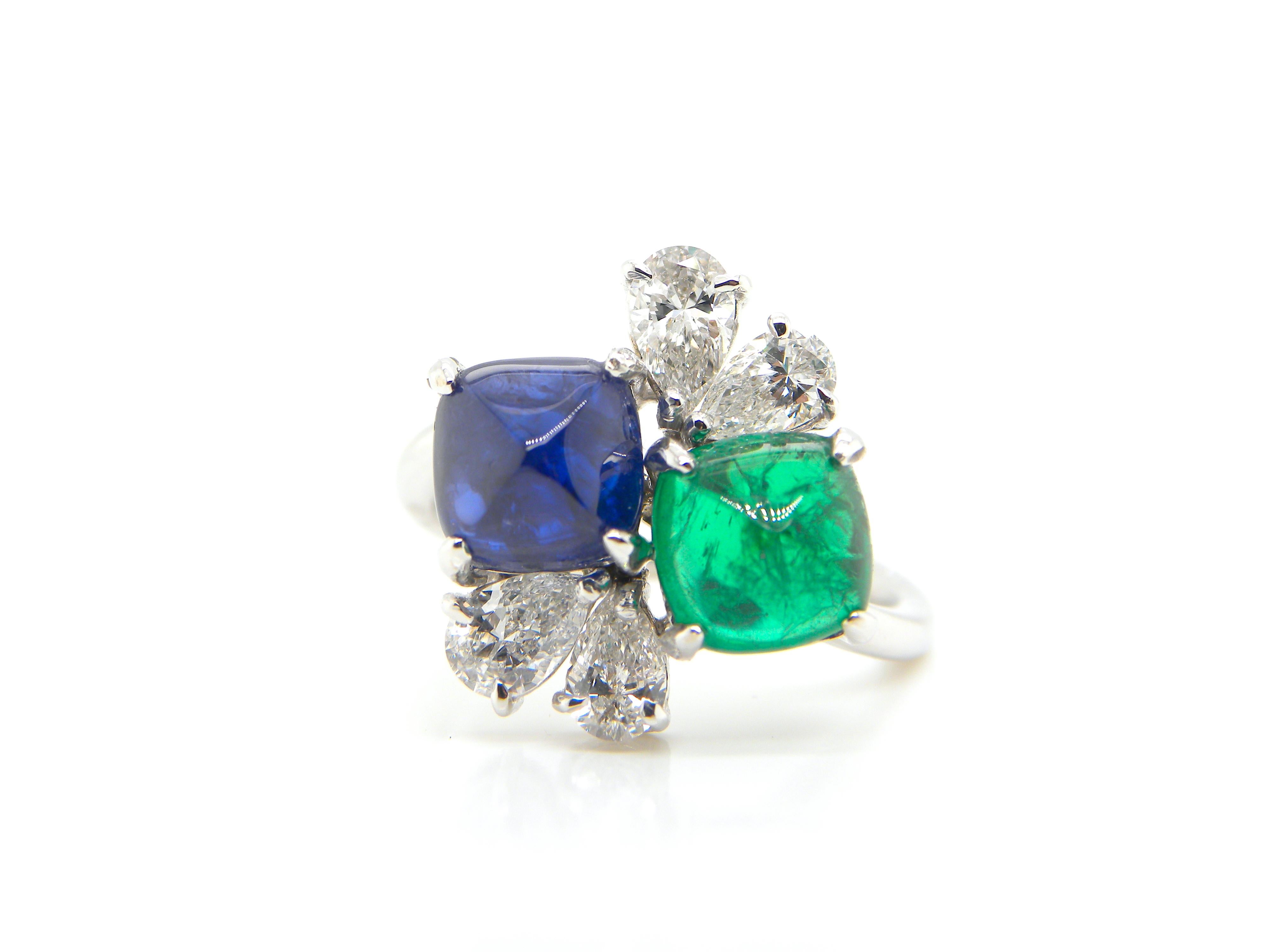 Contemporary GRS and GIA Certified Sapphire and Emerald Sugarloaf White Diamond Gold Ring