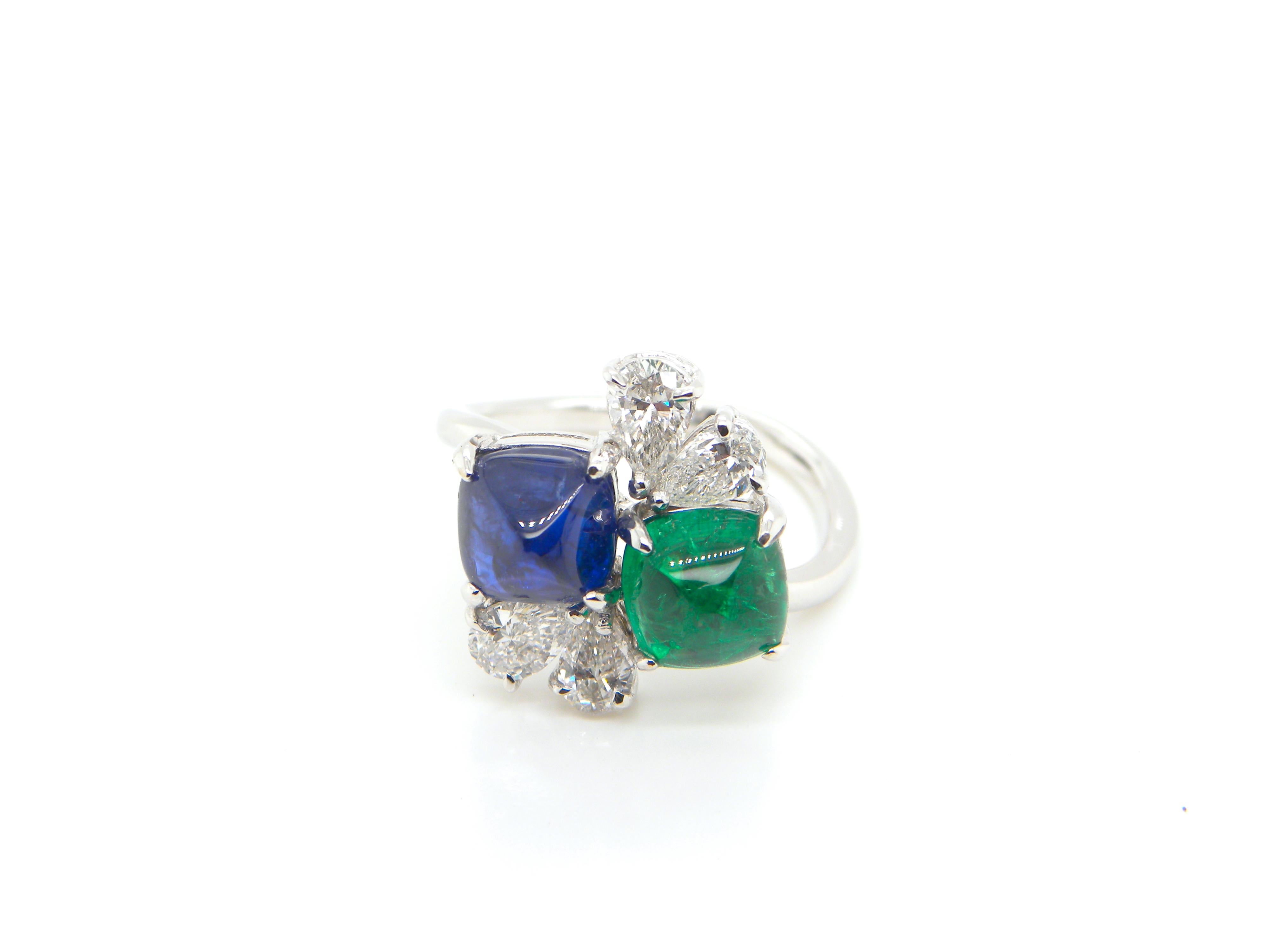 Sugarloaf Cabochon GRS and GIA Certified Sapphire and Emerald Sugarloaf White Diamond Gold Ring