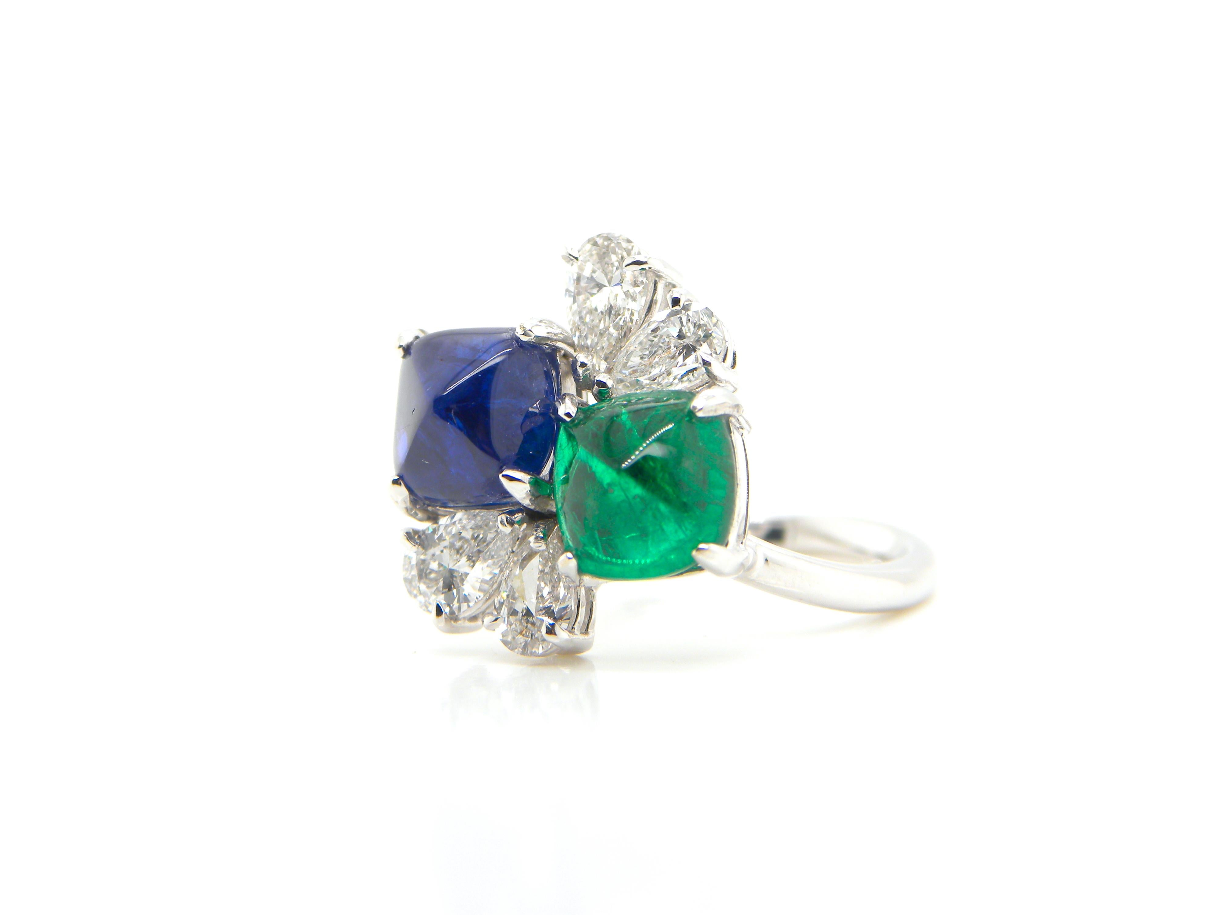GRS and GIA Certified Sapphire and Emerald Sugarloaf White Diamond Gold Ring In New Condition In Hong Kong, HK