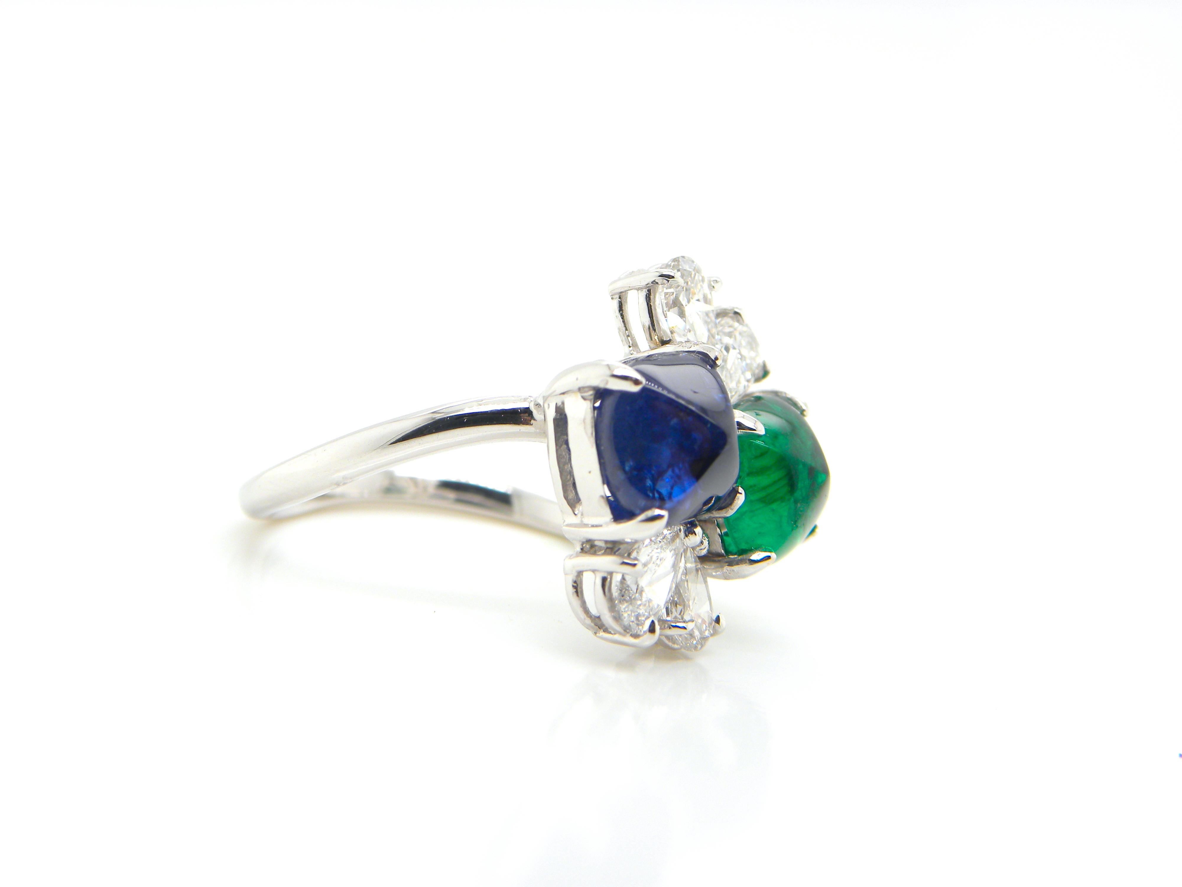 Women's or Men's GRS and GIA Certified Sapphire and Emerald Sugarloaf White Diamond Gold Ring