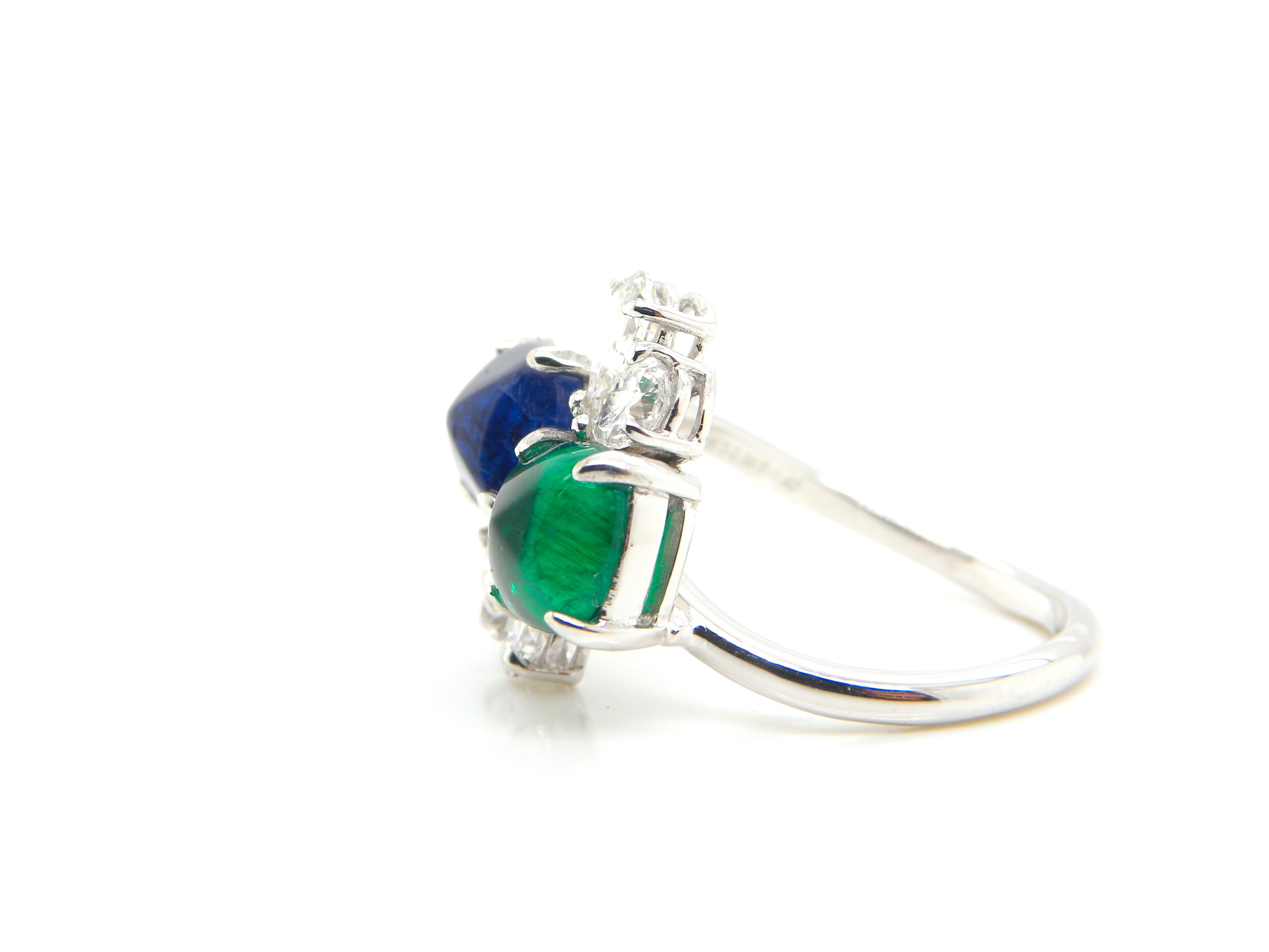 GRS and GIA Certified Sapphire and Emerald Sugarloaf White Diamond Gold Ring 2