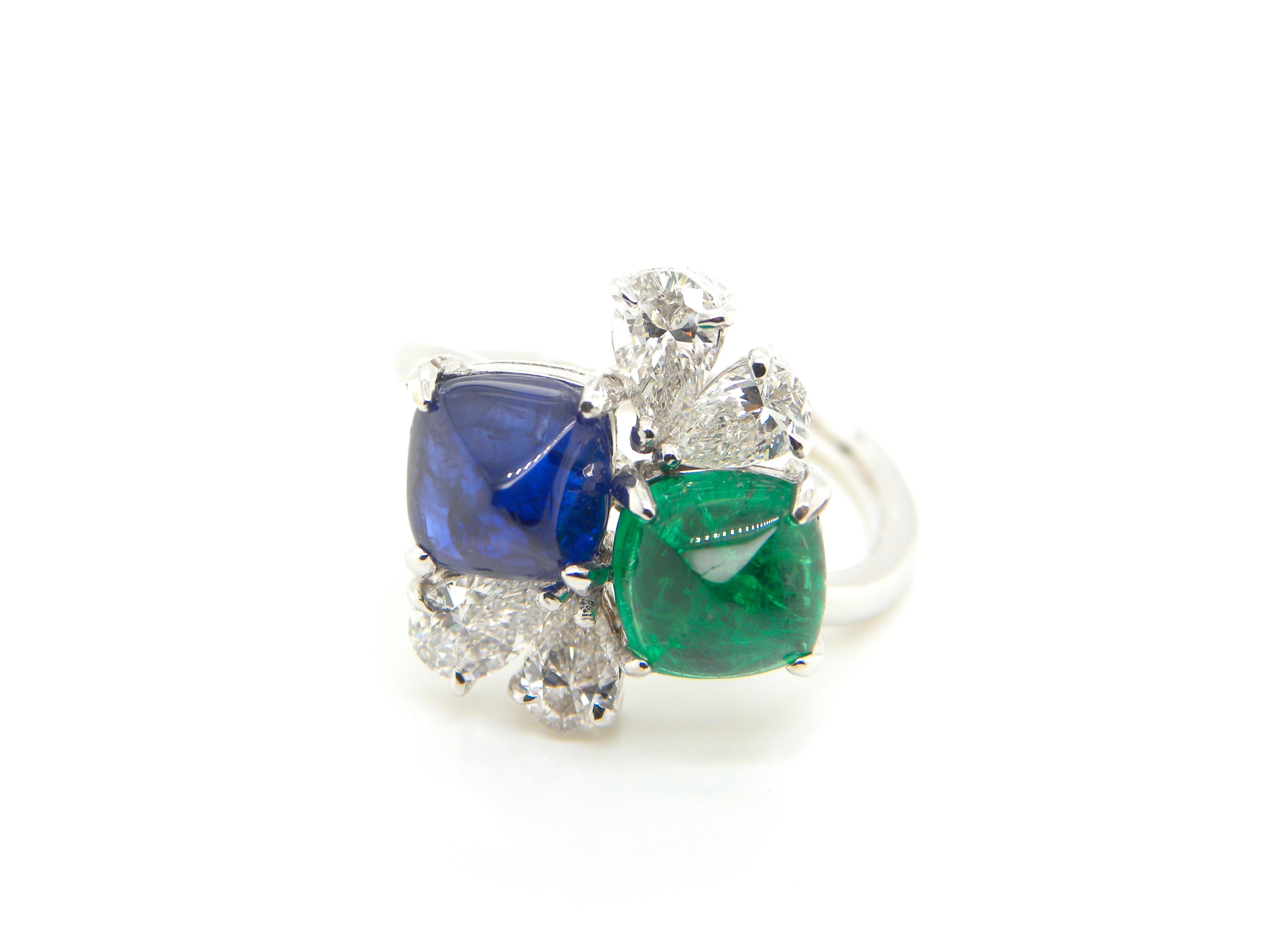 GRS and GIA Certified Sapphire and Emerald Sugarloaf White Diamond Gold Ring 3