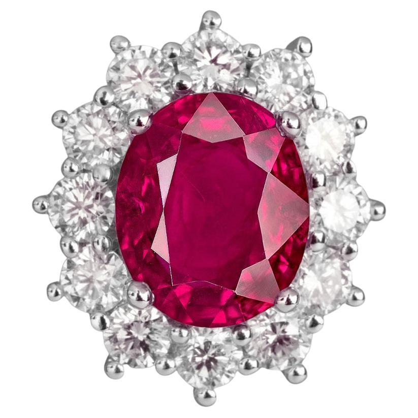 Bague en platine avec rubis ovale certifié GRS de Birmanie de 4,57 carats et diamants