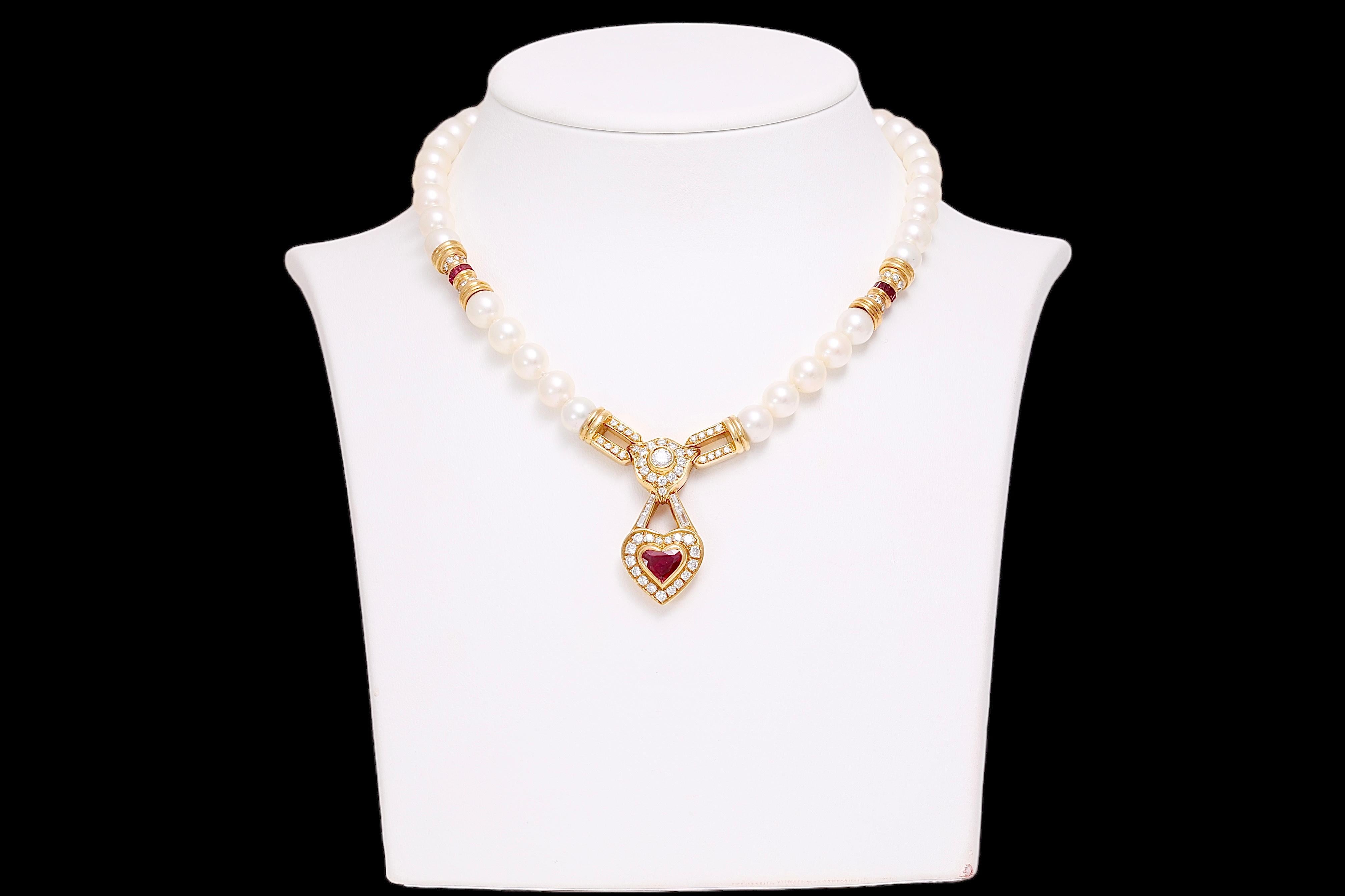 GRS Cert. 18 kt. Yellow gold Pearl Necklace w. Diamonds & Heart Shaped Red Ruby For Sale 1