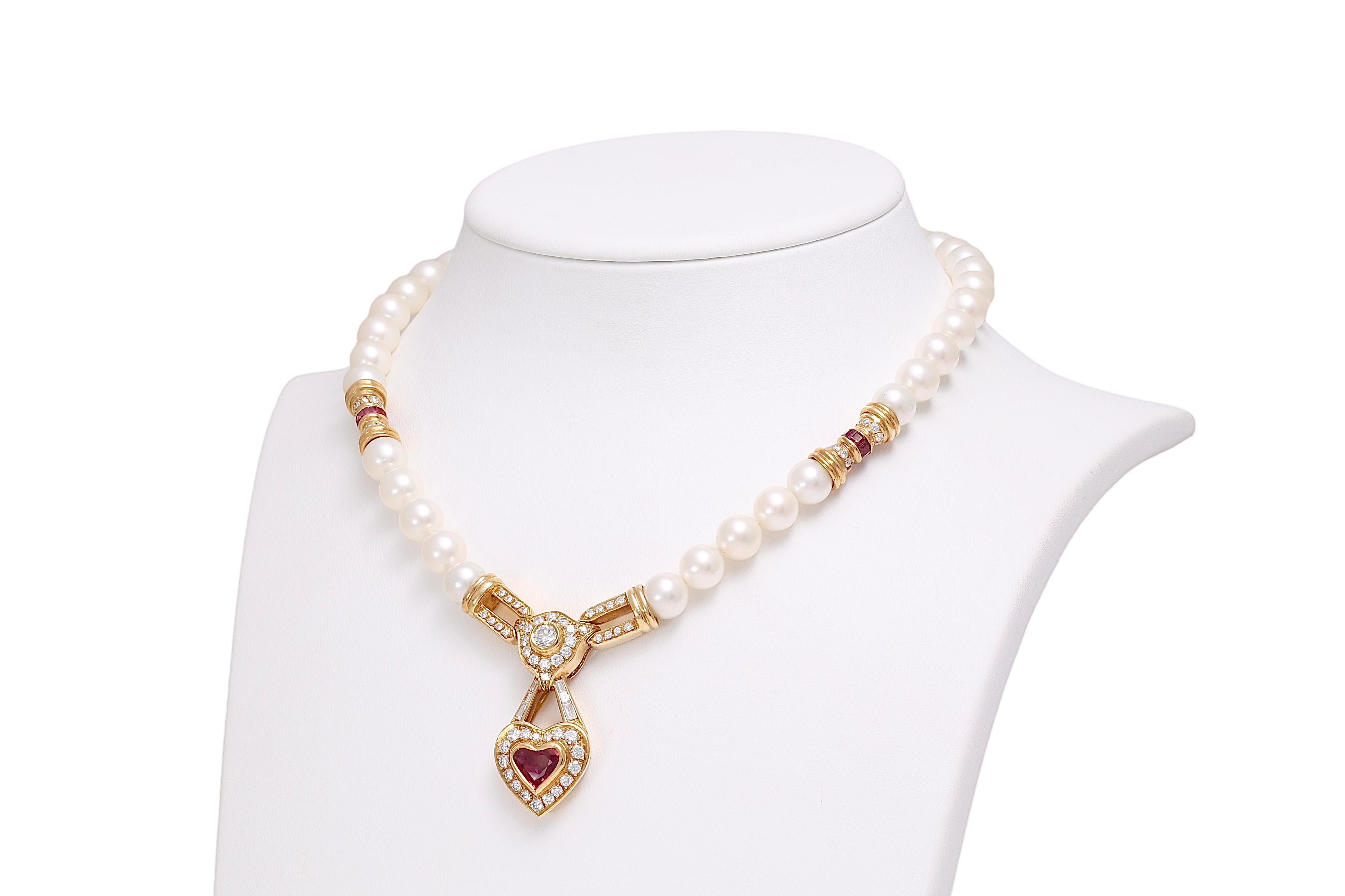 GRS Cert. 18 kt. Yellow gold Pearl Necklace w. Diamonds & Heart Shaped Red Ruby For Sale 3