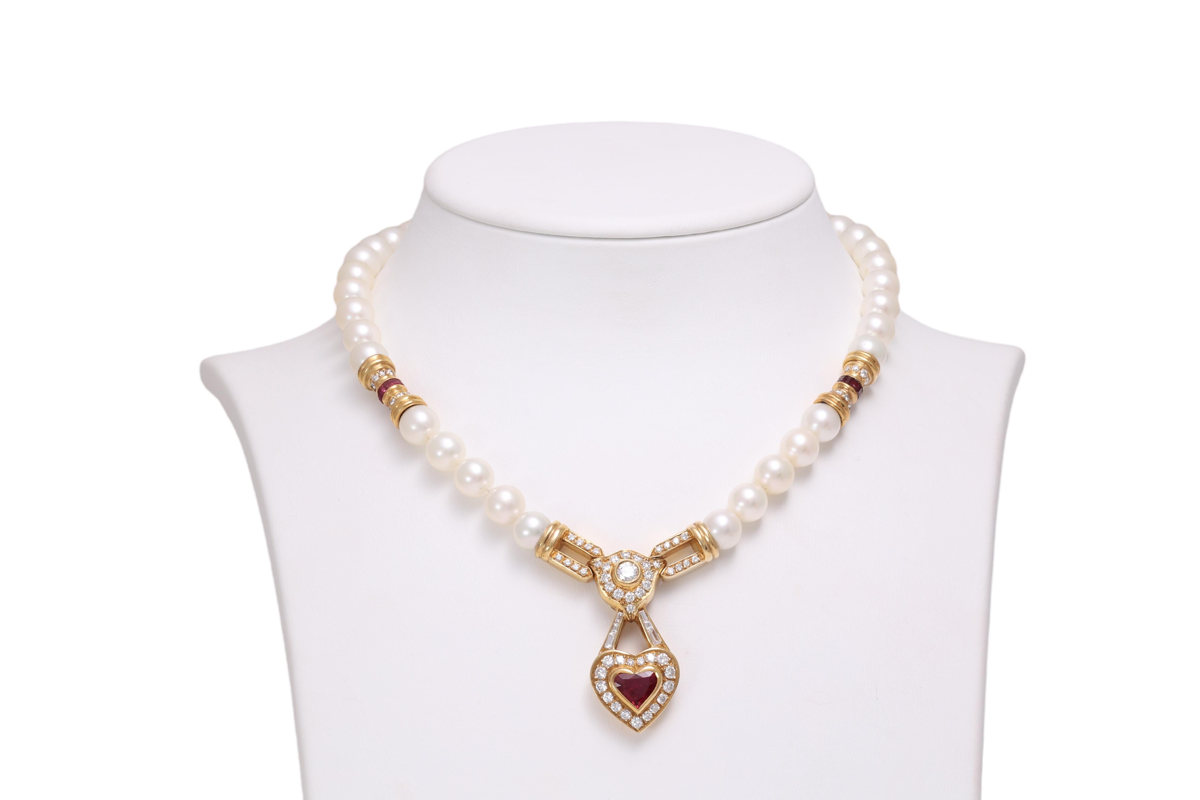 GRS Cert. 18 kt. Yellow gold Pearl Necklace w. Diamonds & Heart Shaped Red Ruby For Sale 4