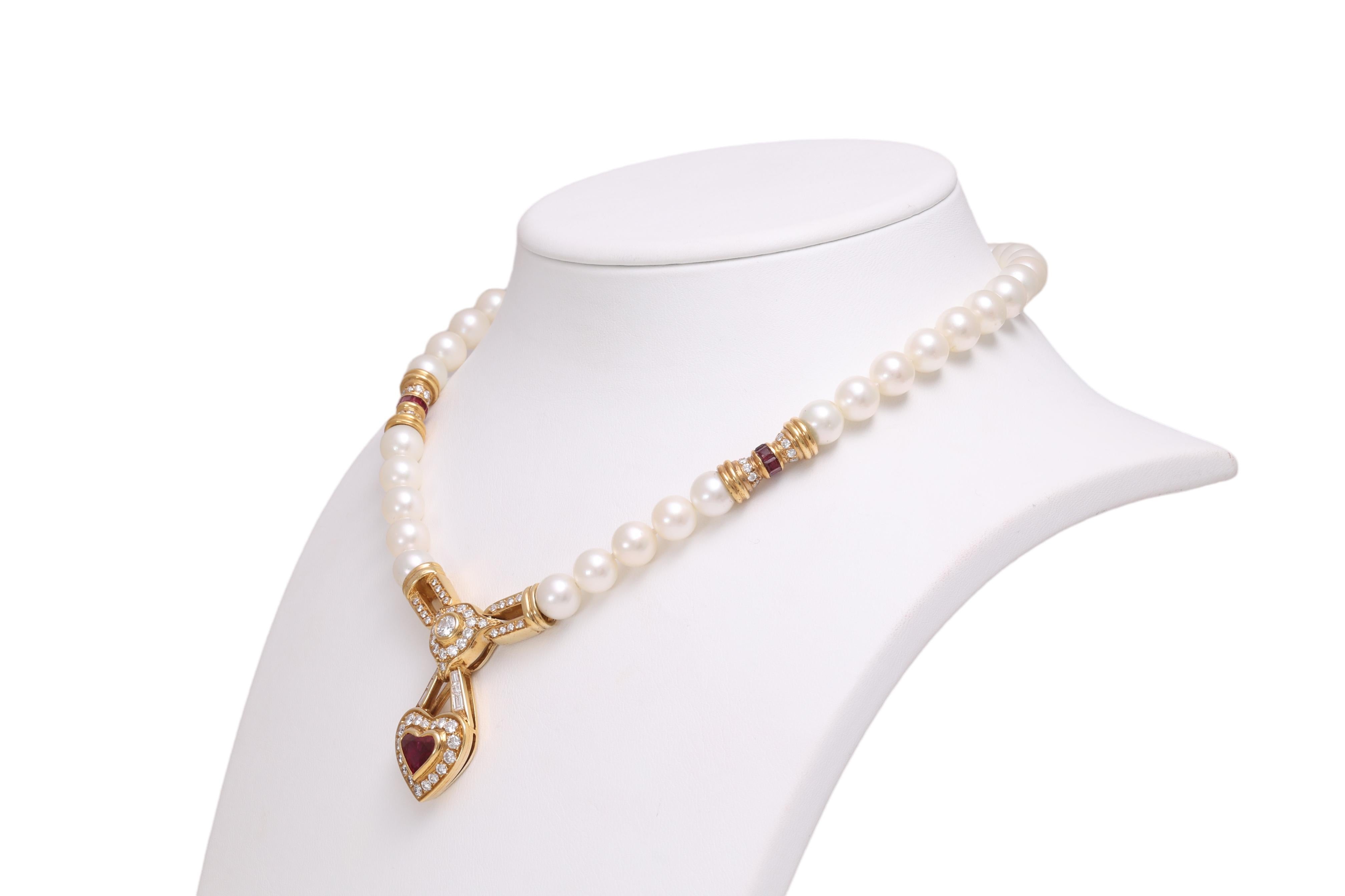 GRS Cert. 18 kt. Yellow gold Pearl Necklace w. Diamonds & Heart Shaped Red Ruby For Sale 5