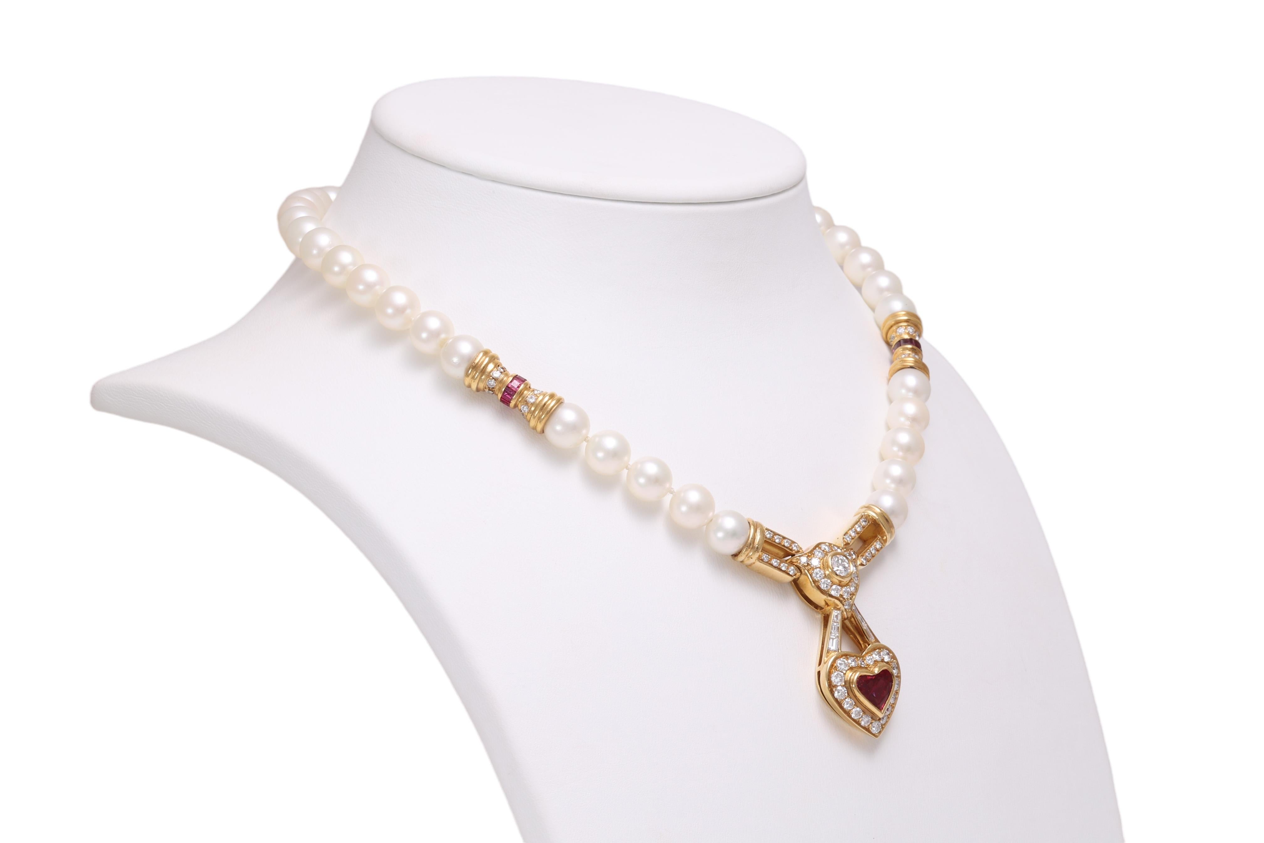 GRS Cert. 18 kt. Yellow gold Pearl Necklace w. Diamonds & Heart Shaped Red Ruby For Sale 6