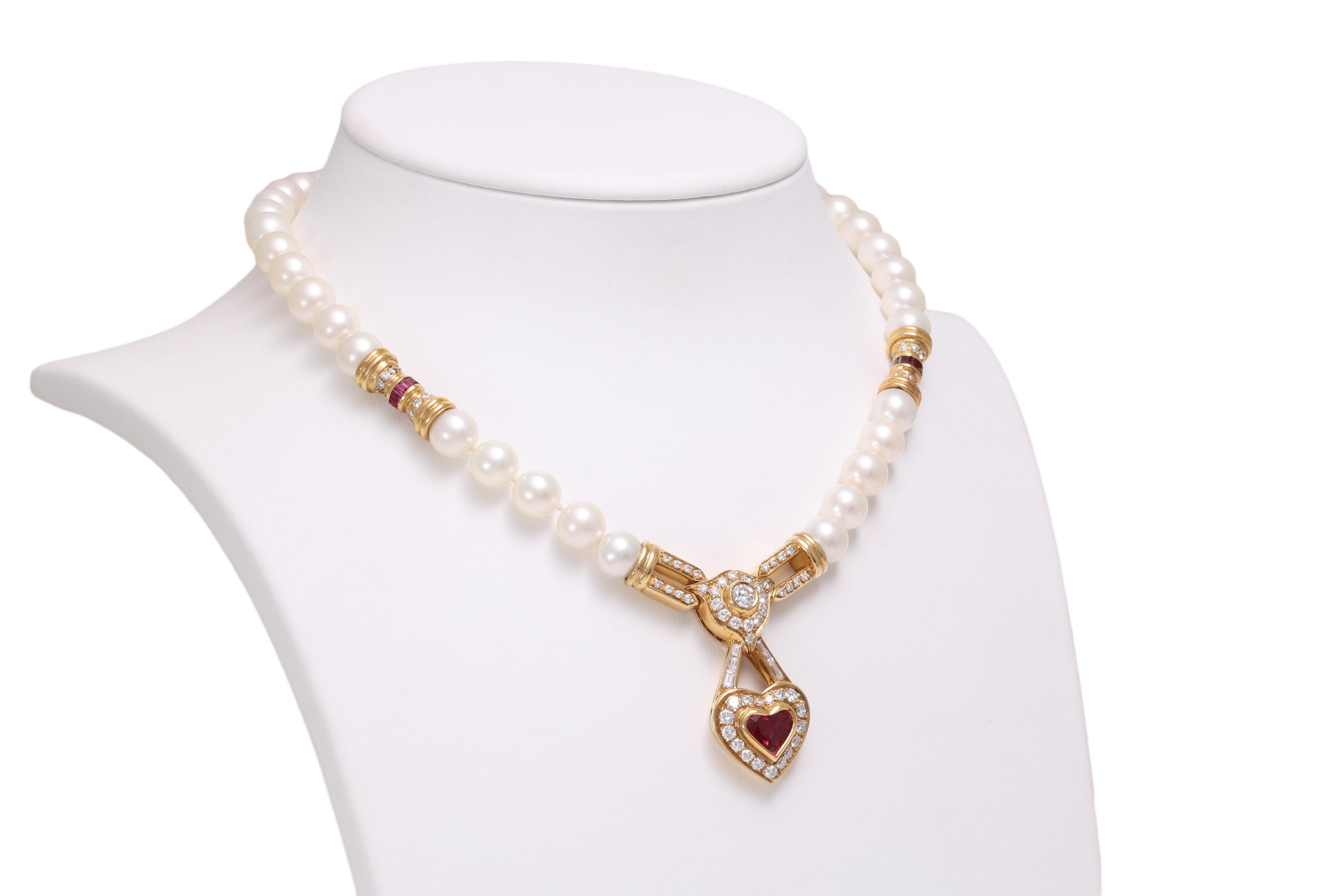 GRS Cert. 18 kt. Yellow gold Pearl Necklace w. Diamonds & Heart Shaped Red Ruby For Sale 7