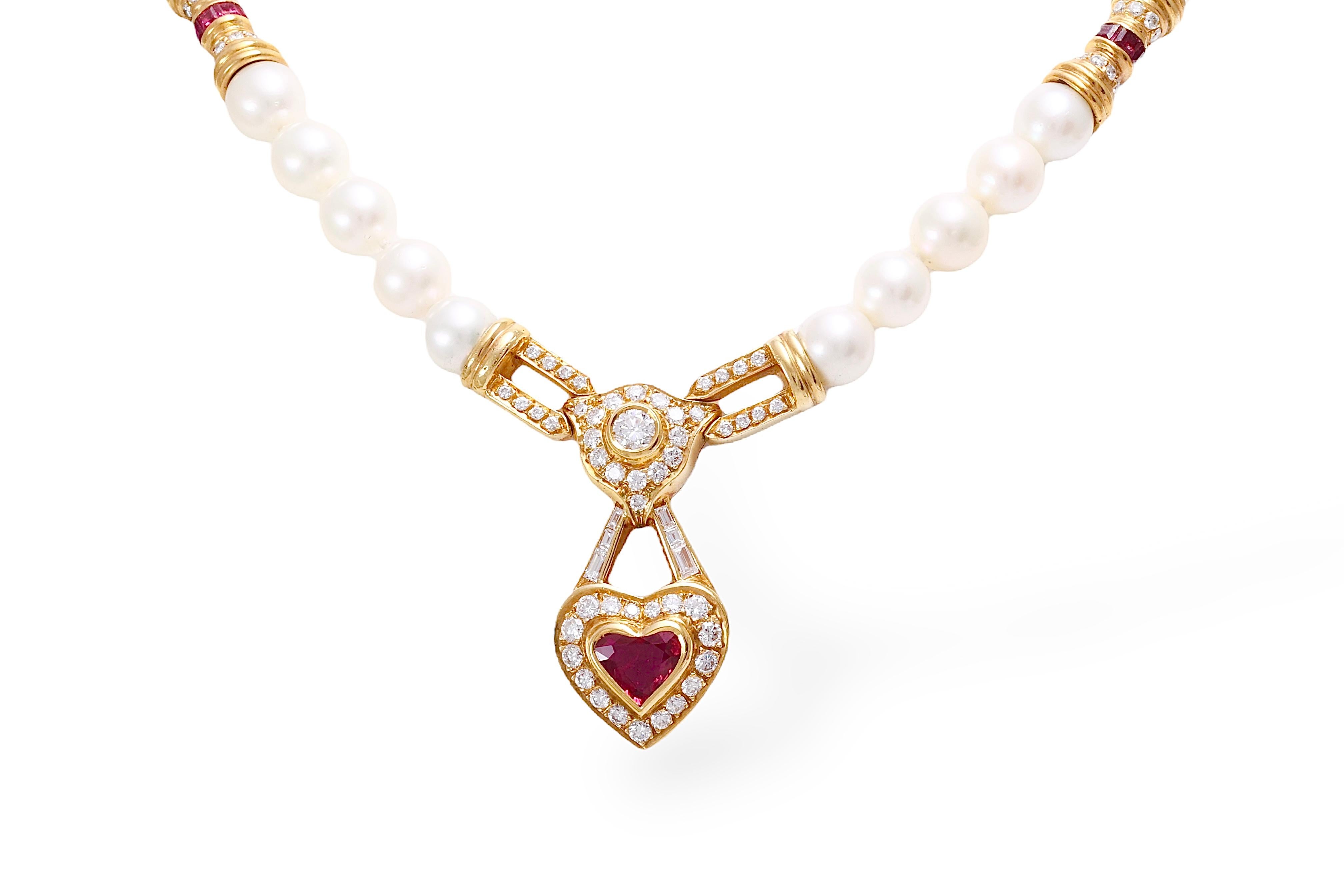 GRS Cert. 18 kt. Yellow gold Pearl Necklace w. Diamonds & Heart Shaped Red Ruby For Sale 8
