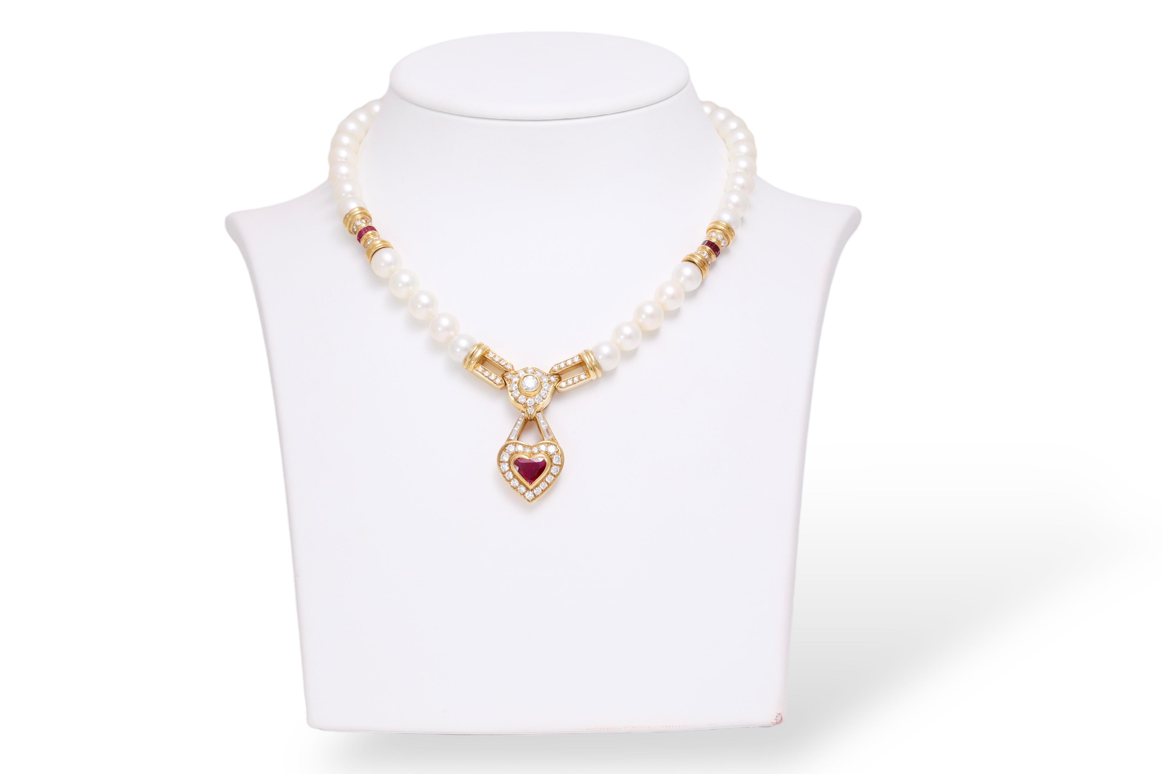GRS Cert. 18 kt. Yellow gold Pearl Necklace w. Diamonds & Heart Shaped Red Ruby For Sale 9