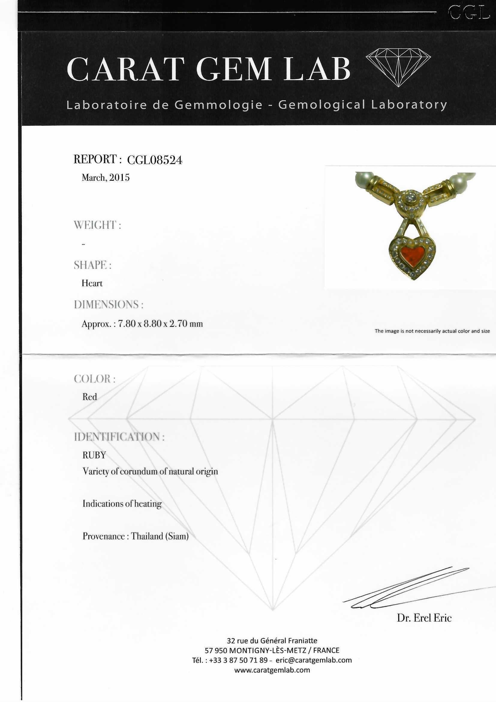GRS-zertifiziert. 18 kt. Gelbgold Perlenkette m. Diamanten und herzförmiger roter Rubin im Angebot 10