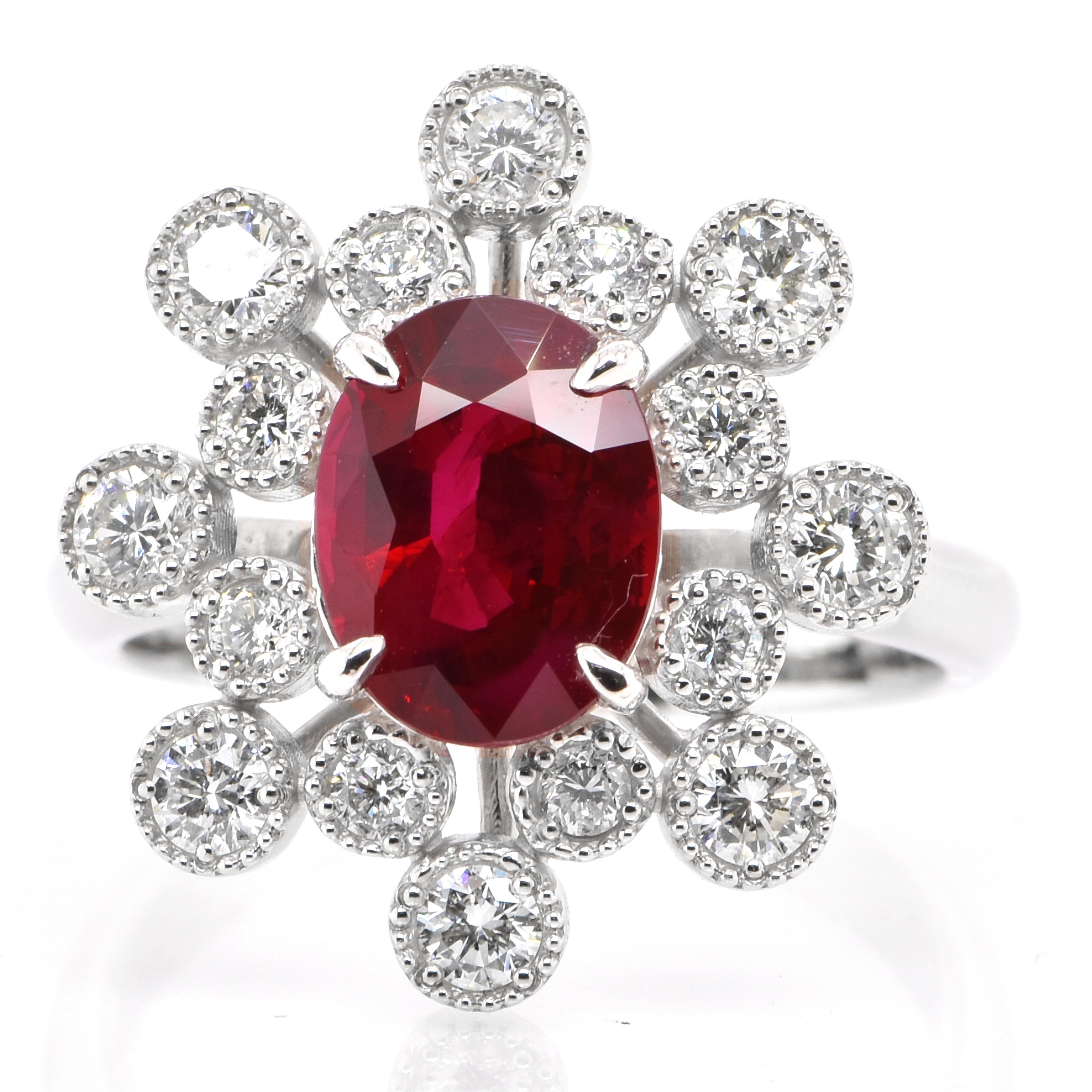 A beautiful ring set in Platinum featuring a GRS Certified 2.18 Carat Natural, Burmese, Pigeon's Blood Ruby and 0.72 Carat Diamonds. Rubies are referred to as 