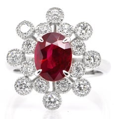 GRS Cert. 2.18 Carat Natural Burmese, Pigeon's Blood Ruby Ring Set in Platinum