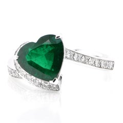 GRS Cert. 2.29 Carat Natural Vivid Green, Heart-Shaped Emerald and Diamond Ring