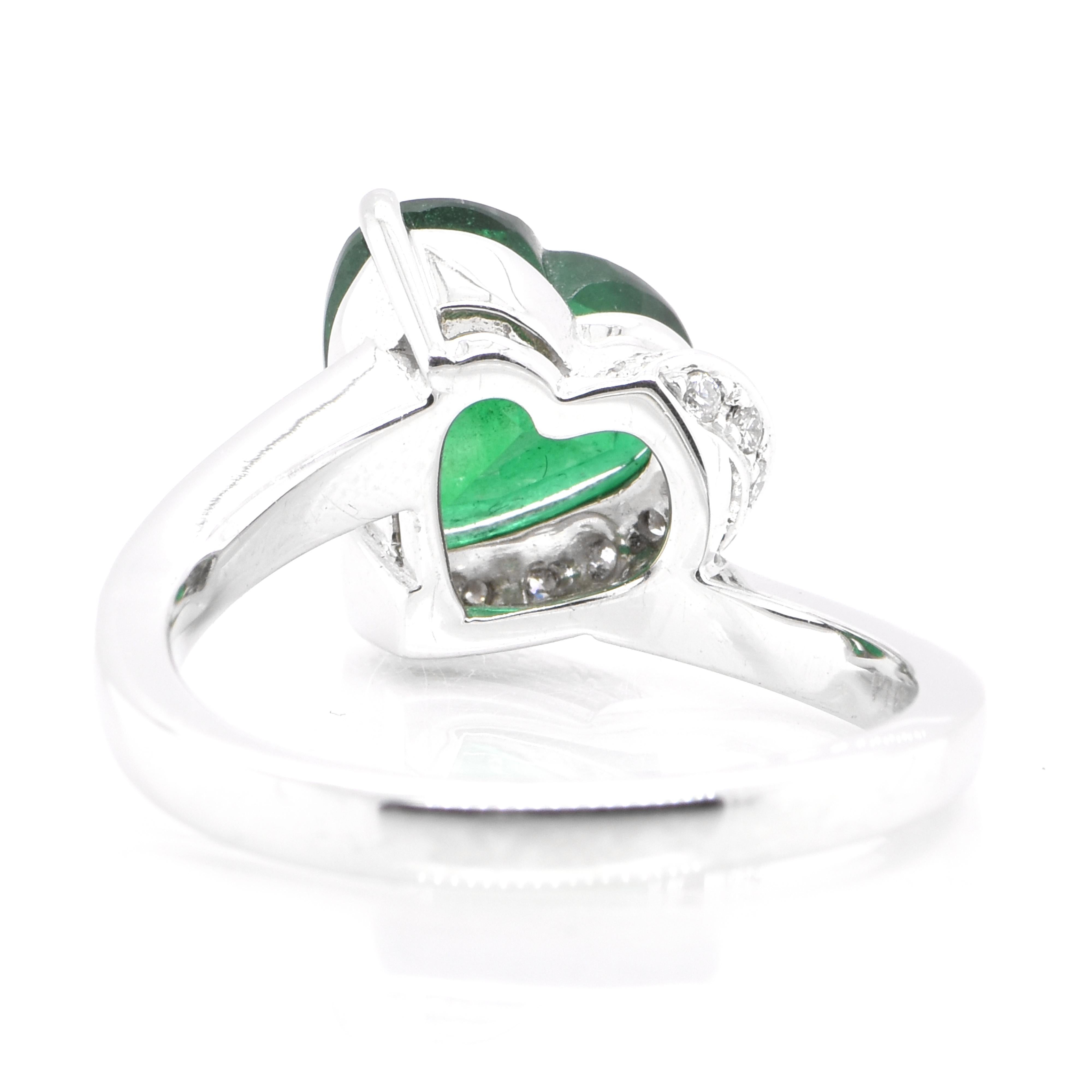 Modern GRS Cert. 2.29 Carat Natural Vivid Green, Heart-Shaped Emerald and Diamond Ring For Sale